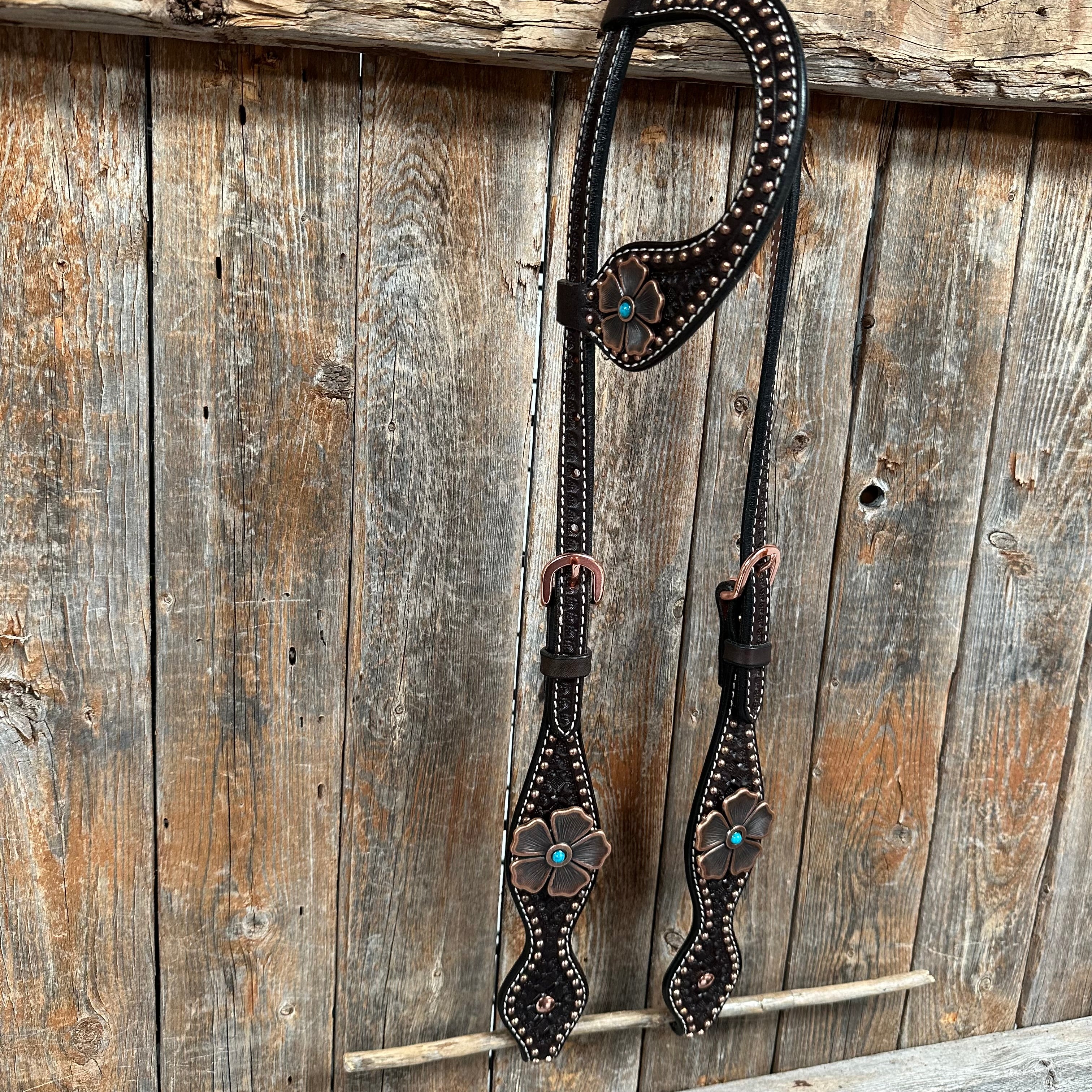 Copper Dot Honeycomb Flower and Turquoise Browband / One Ear Tack Set #BBBC563