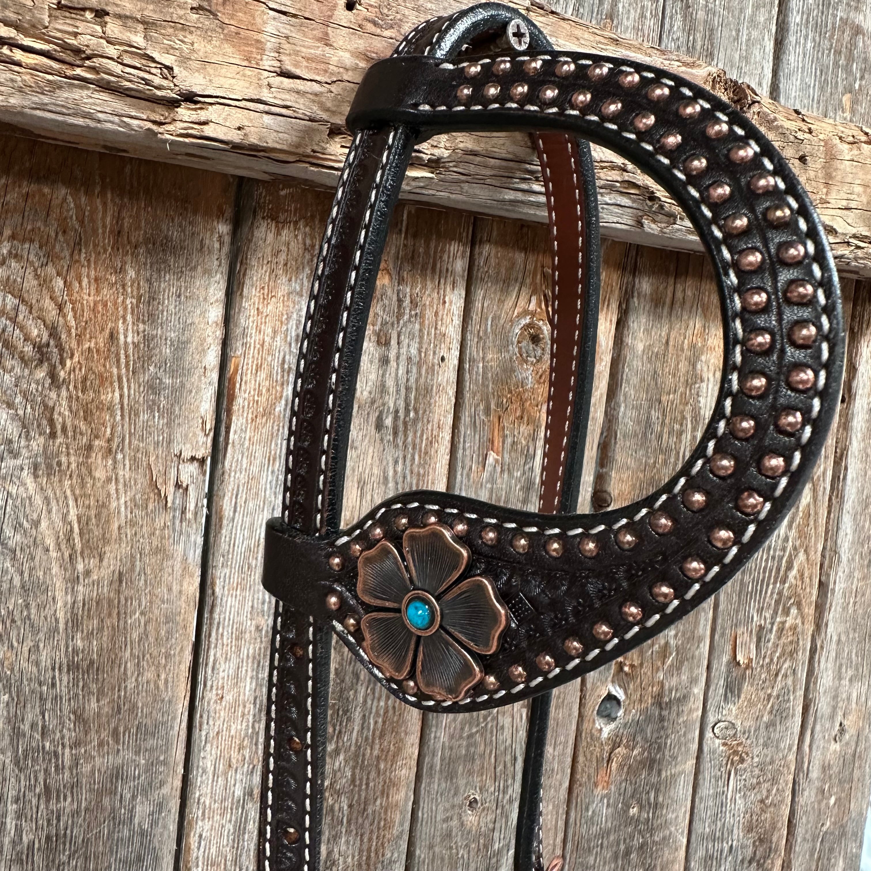 Copper Dot Honeycomb Flower and Turquoise Browband / One Ear Tack Set #BBBC563