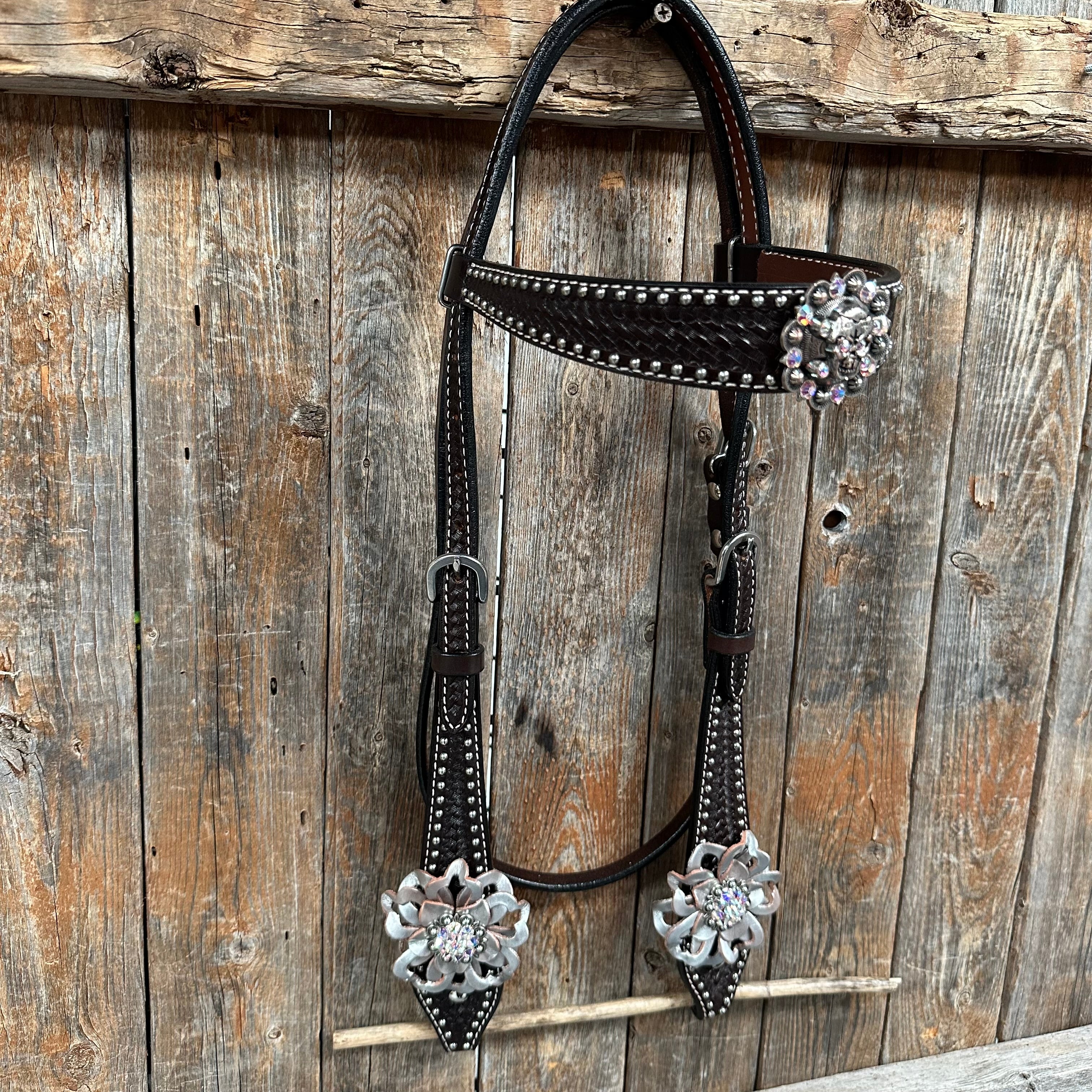 Dark Oil Silver Dot Flowers and Skulls Browband / One Ear Tack Set #BBBC565