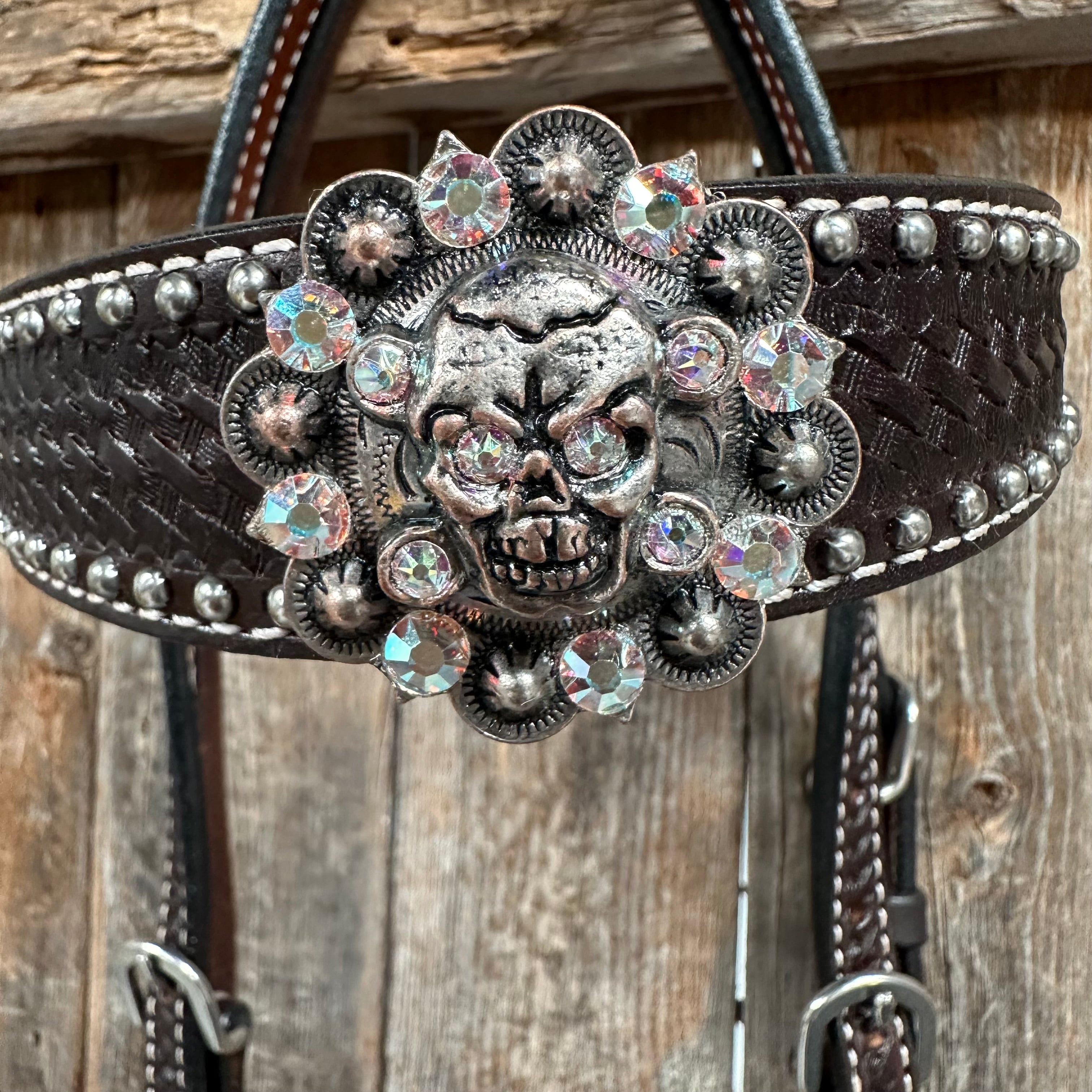 Dark Oil Silver Dot Flowers and Skulls Browband / One Ear Tack Set #BBBC565