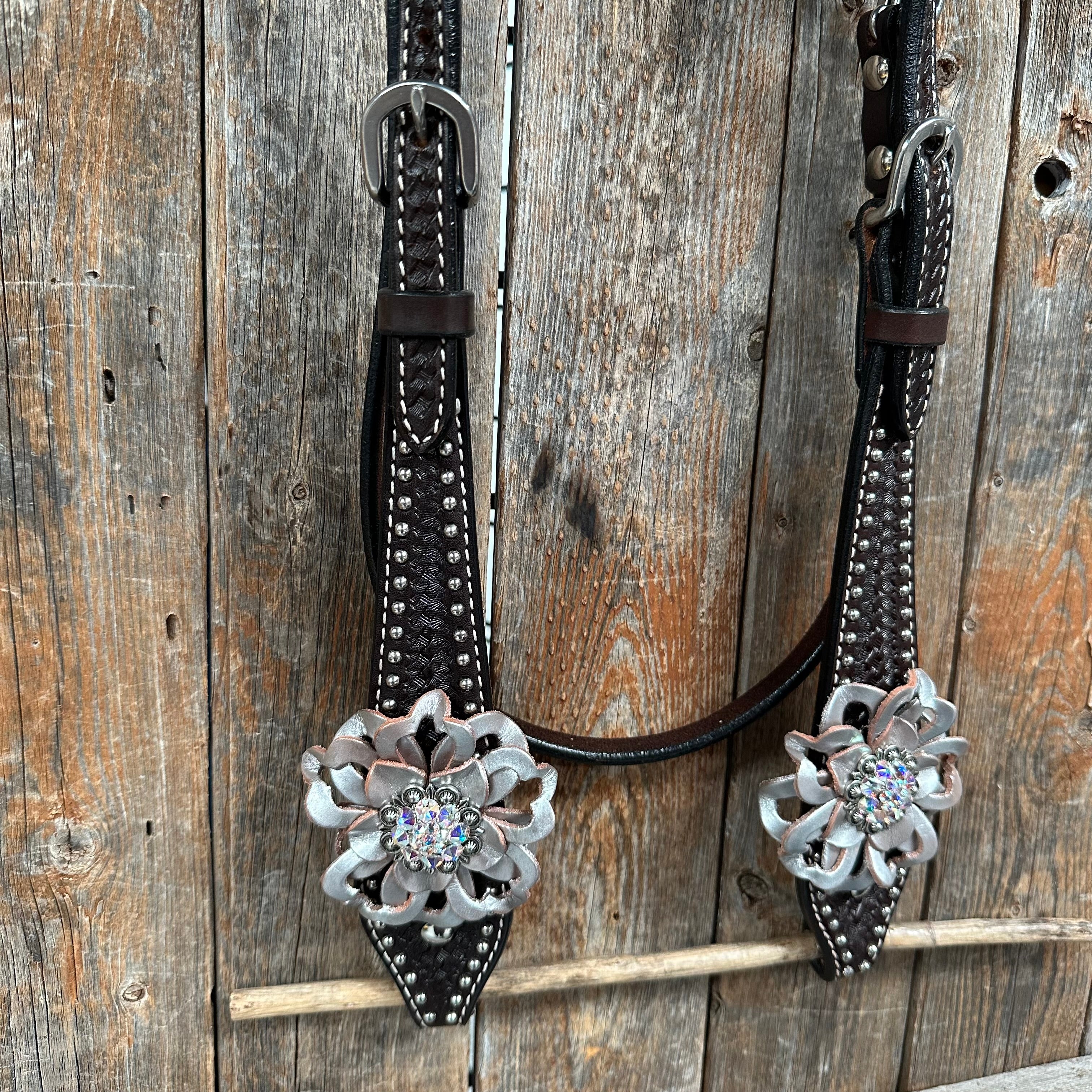 Dark Oil Silver Dot Flowers and Skulls Browband / One Ear Tack Set #BBBC565