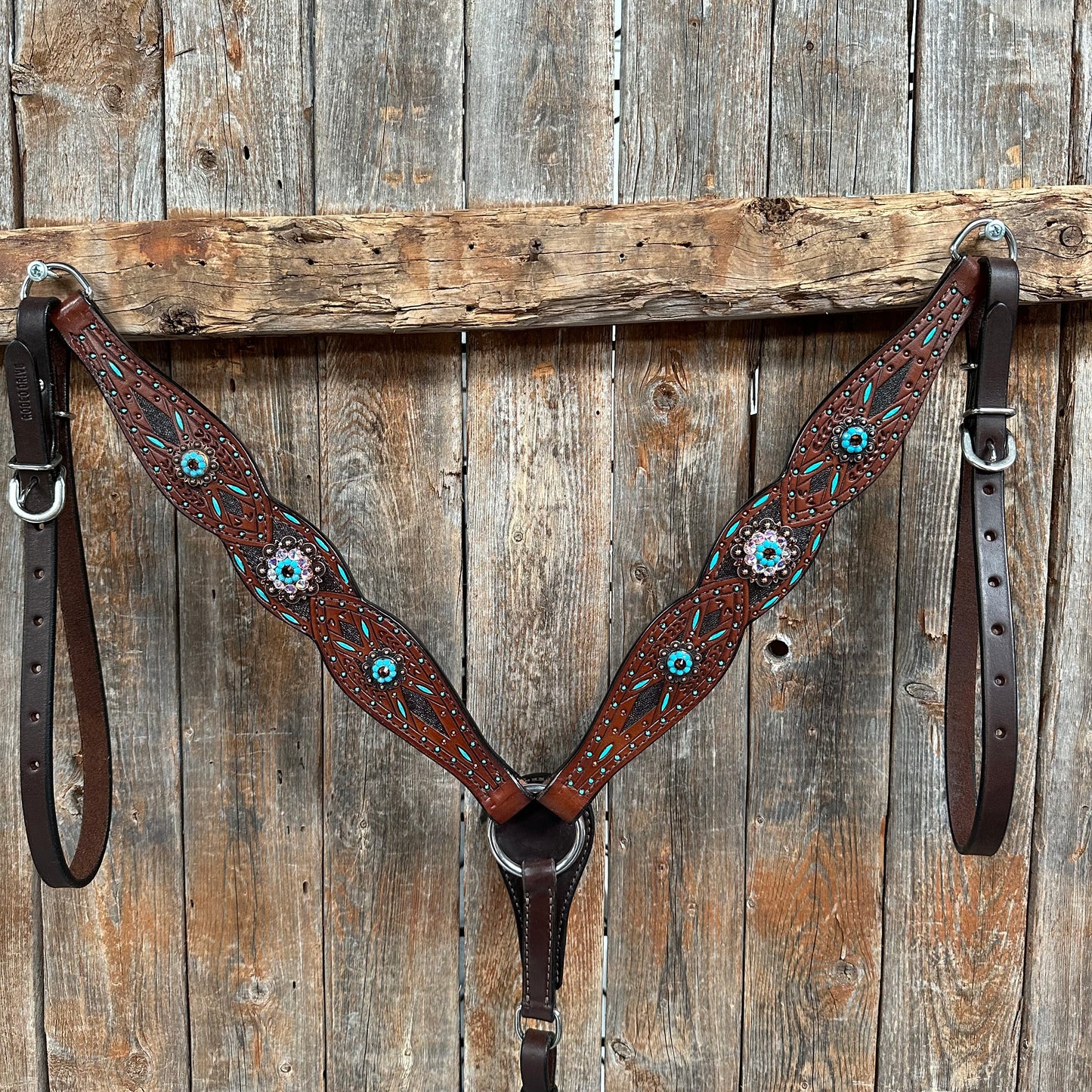Dark Oil Hand Painted Antique Silver Turquoise One Ear and Breastcollar Tack Set #OEBC564