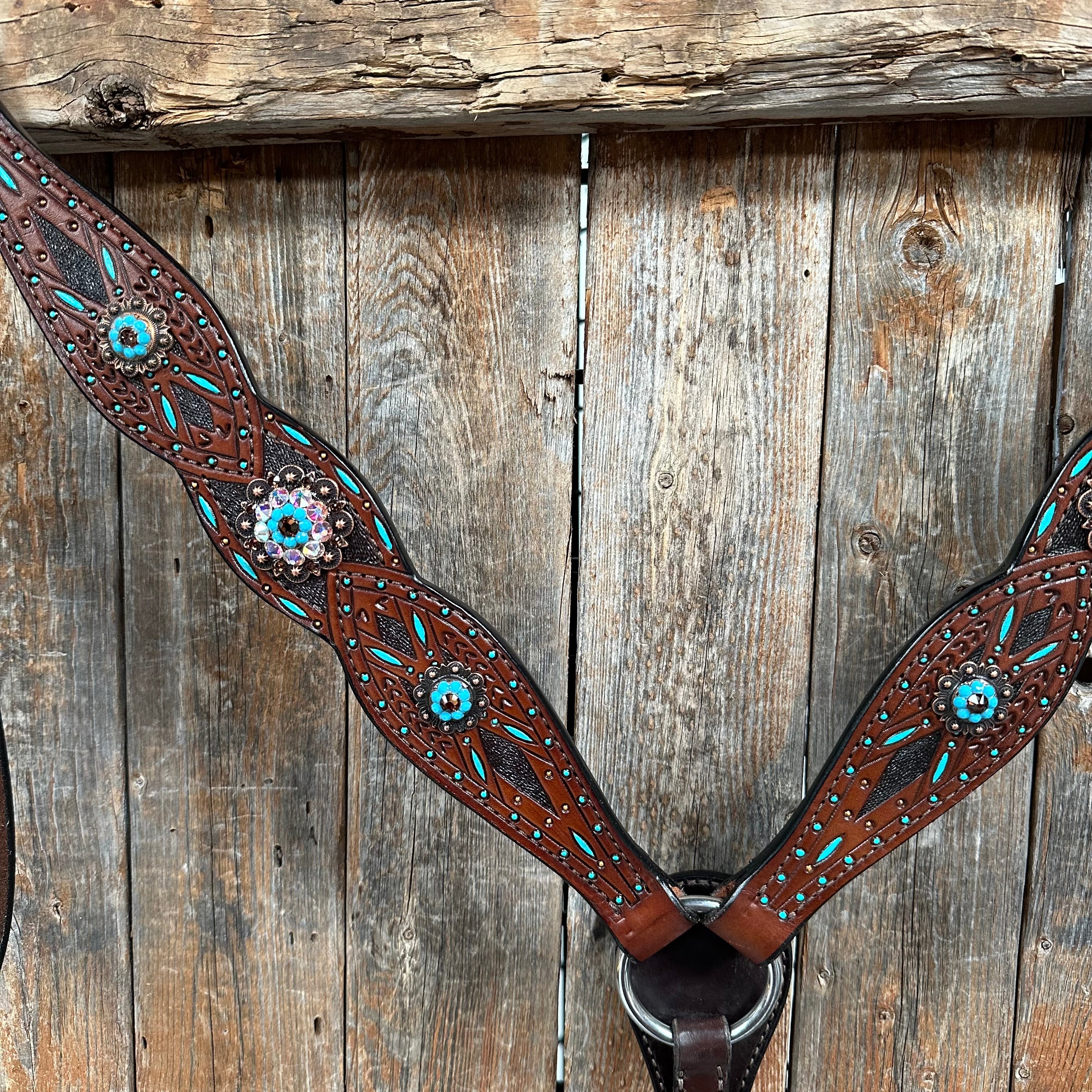 Dark Oil Hand Painted Antique Silver Turquoise One Ear and Breastcollar Tack Set #OEBC564