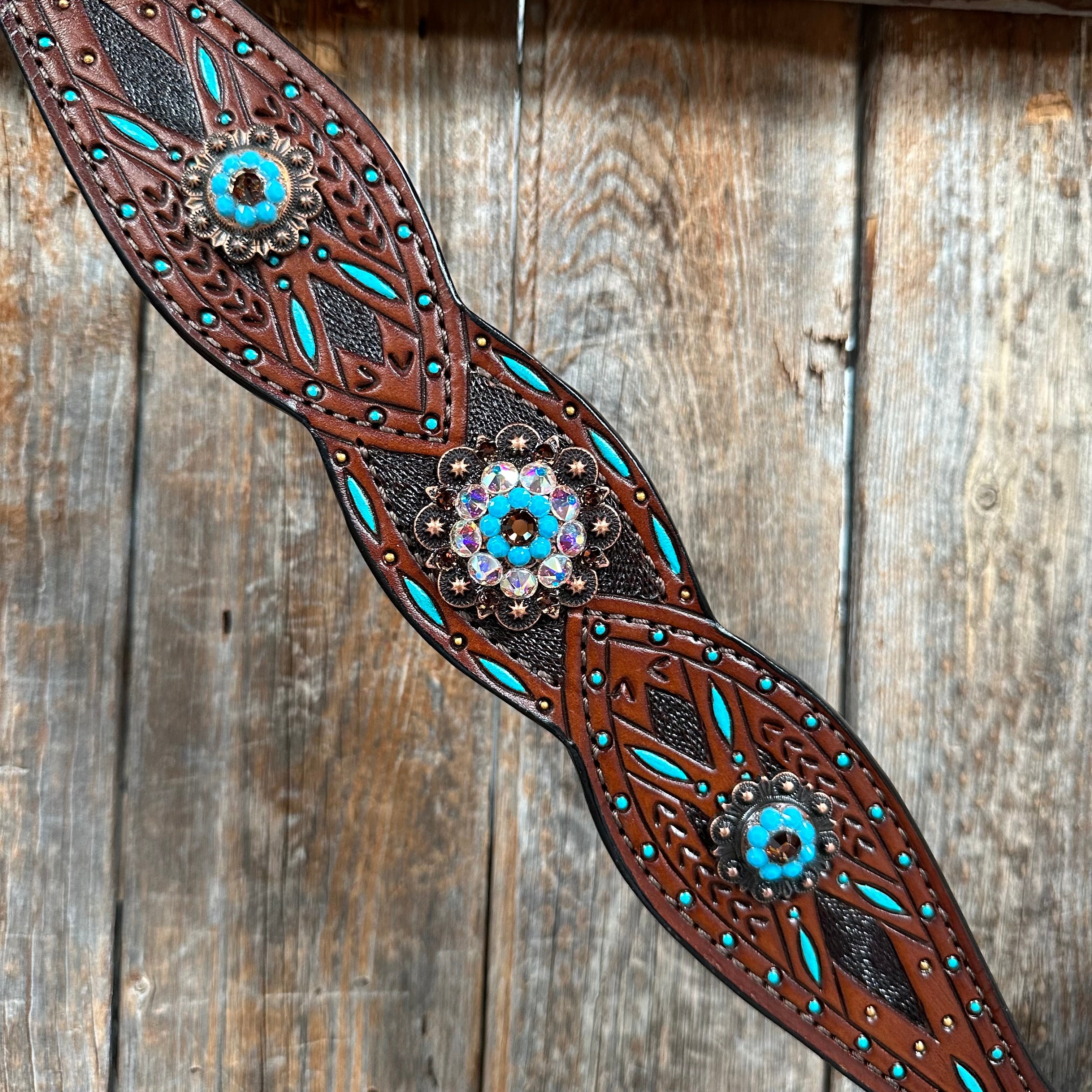 Dark Oil Hand Painted Antique Silver Turquoise One Ear and Breastcollar Tack Set #OEBC564