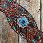 Dark Oil Hand Painted Antique Silver Turquoise One Ear and Breastcollar Tack Set #OEBC564