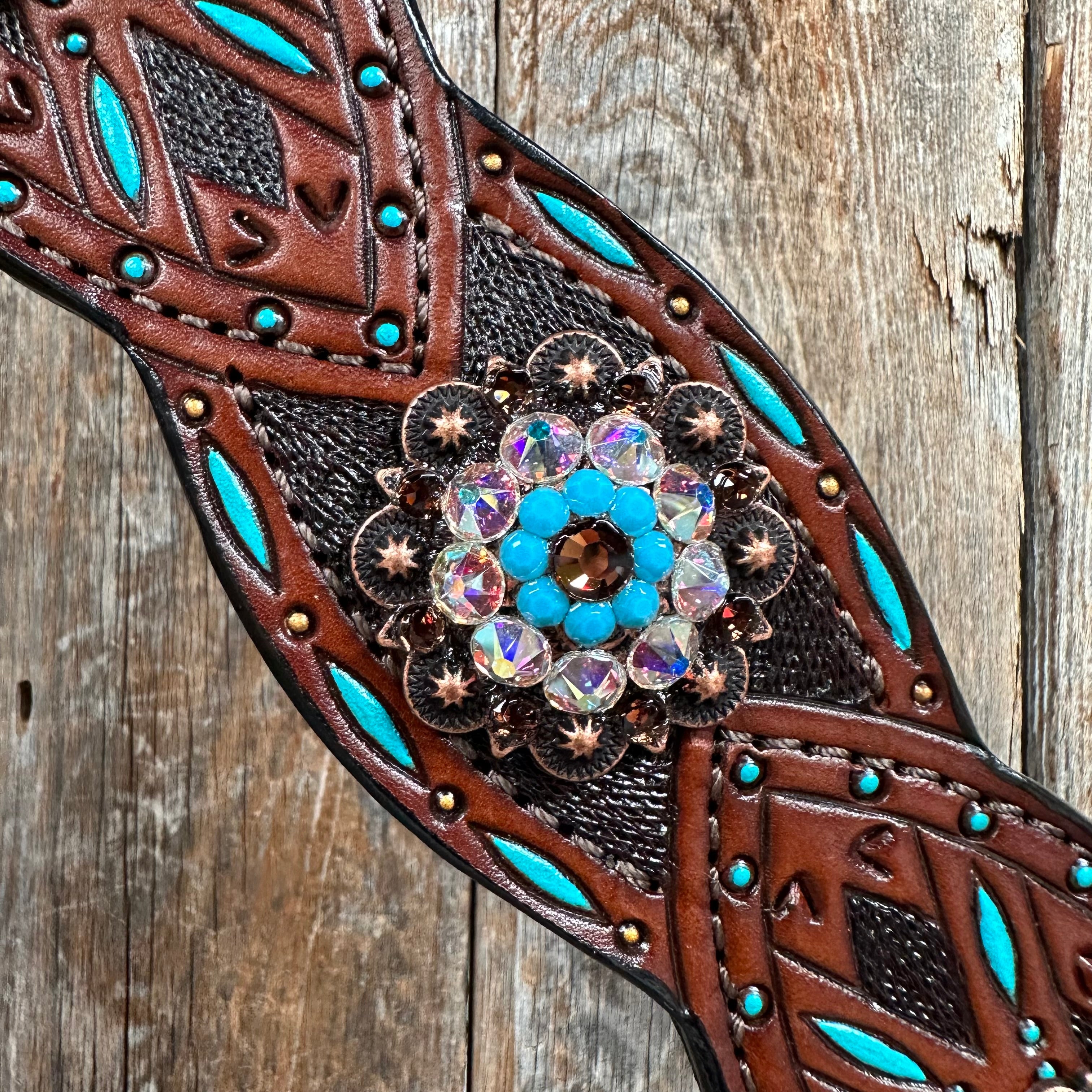 Dark Oil Hand Painted Antique Silver Turquoise One Ear and Breastcollar Tack Set #OEBC564