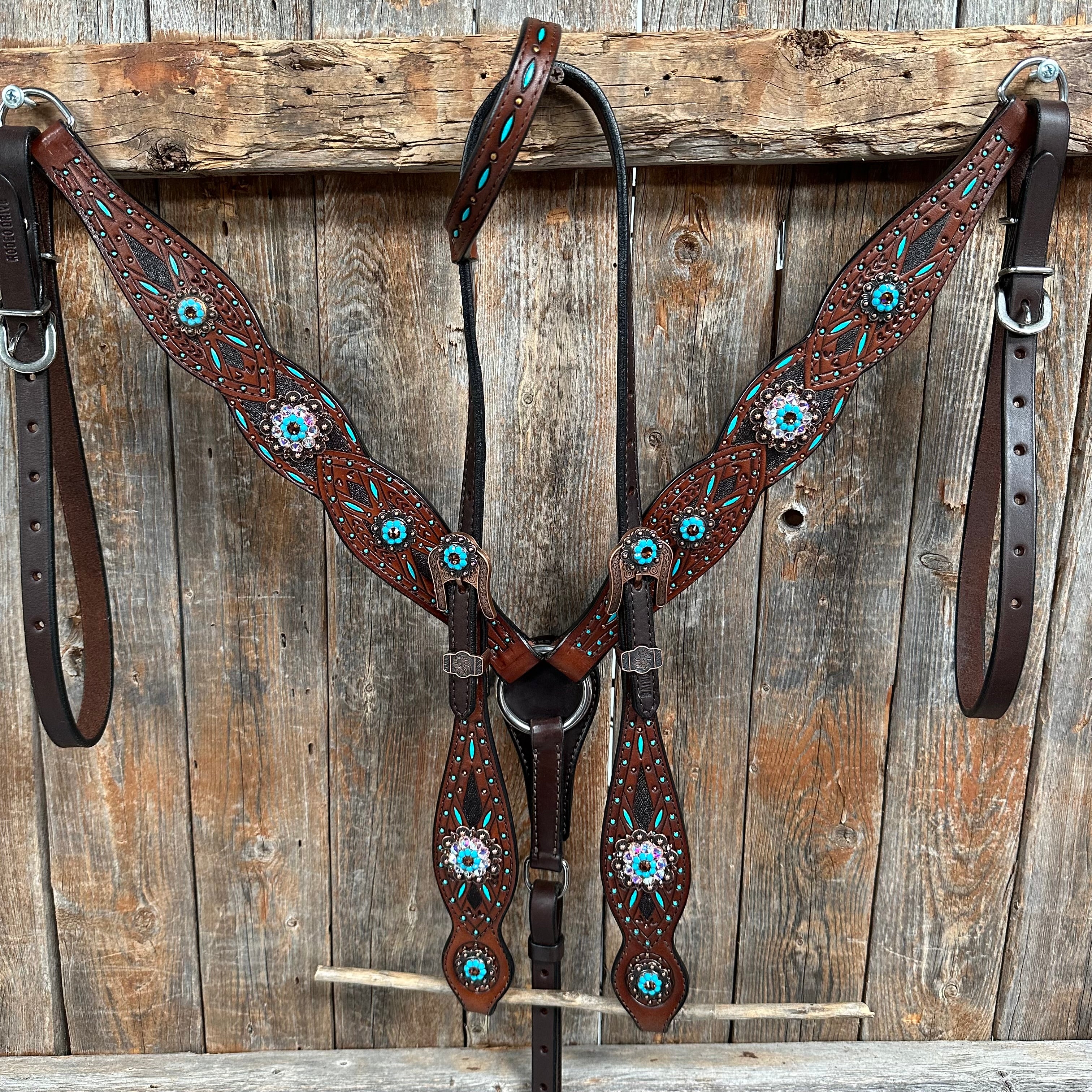 Dark Oil Hand Painted Antique Silver Turquoise One Ear and Breastcollar Tack Set #OEBC564