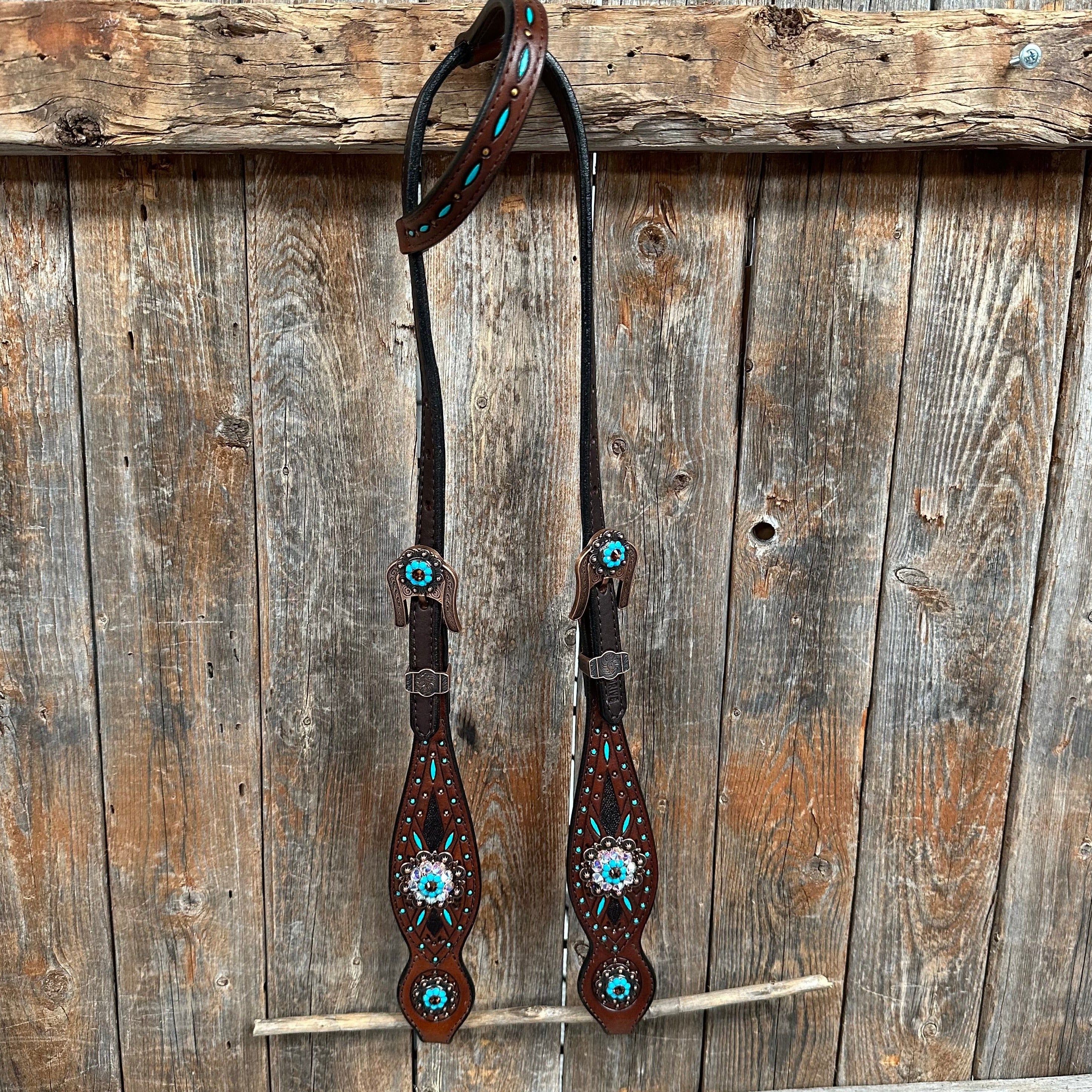 Dark Oil Hand Painted Antique Silver Turquoise One Ear and Breastcollar Tack Set #OEBC564