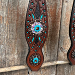 Dark Oil Hand Painted Antique Silver Turquoise One Ear and Breastcollar Tack Set #OEBC564