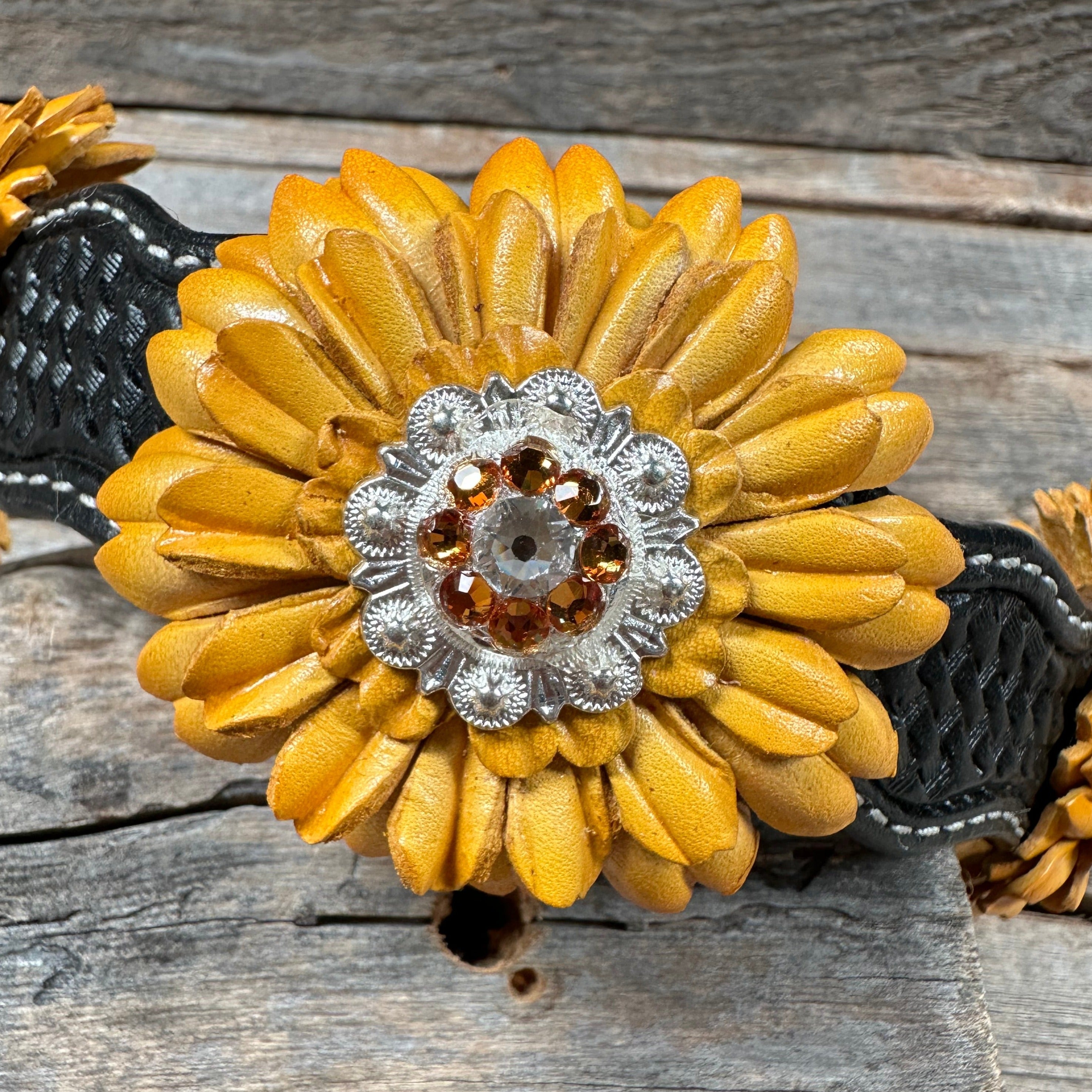 DC19 -Black Oil Leather Sunflower Dog Collar 18" to 28"