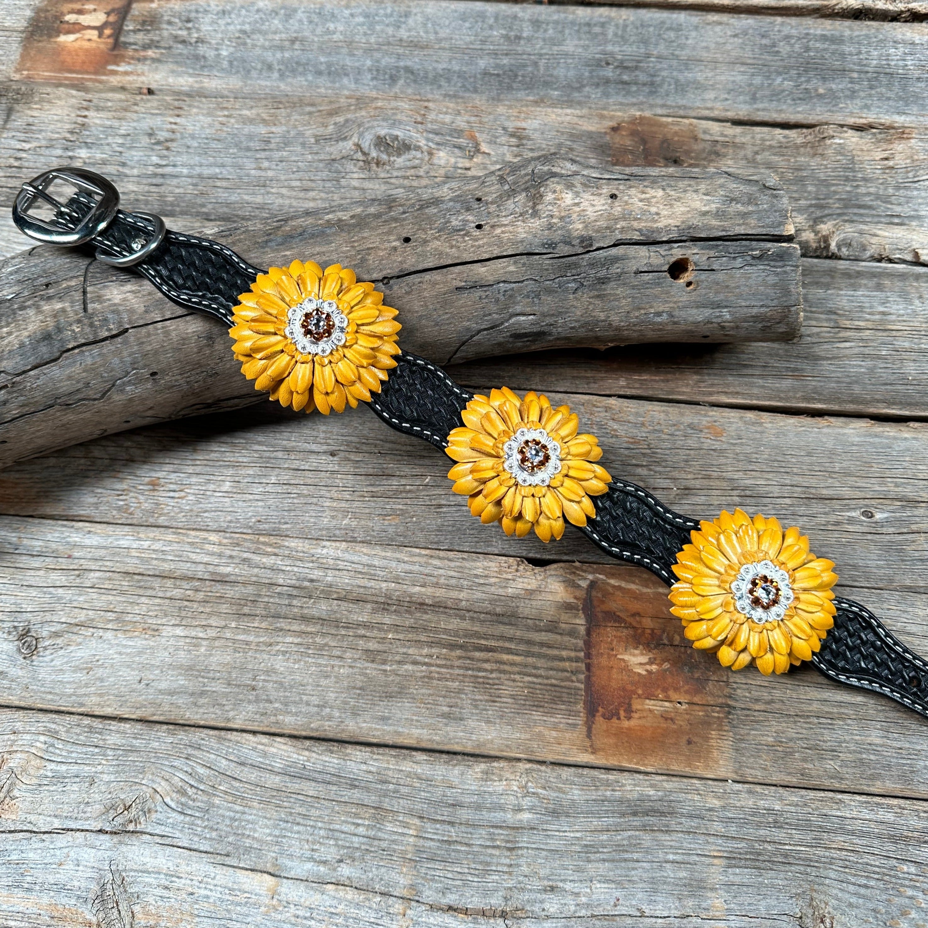 DC19 -Black Oil Leather Sunflower Dog Collar 18" to 28"