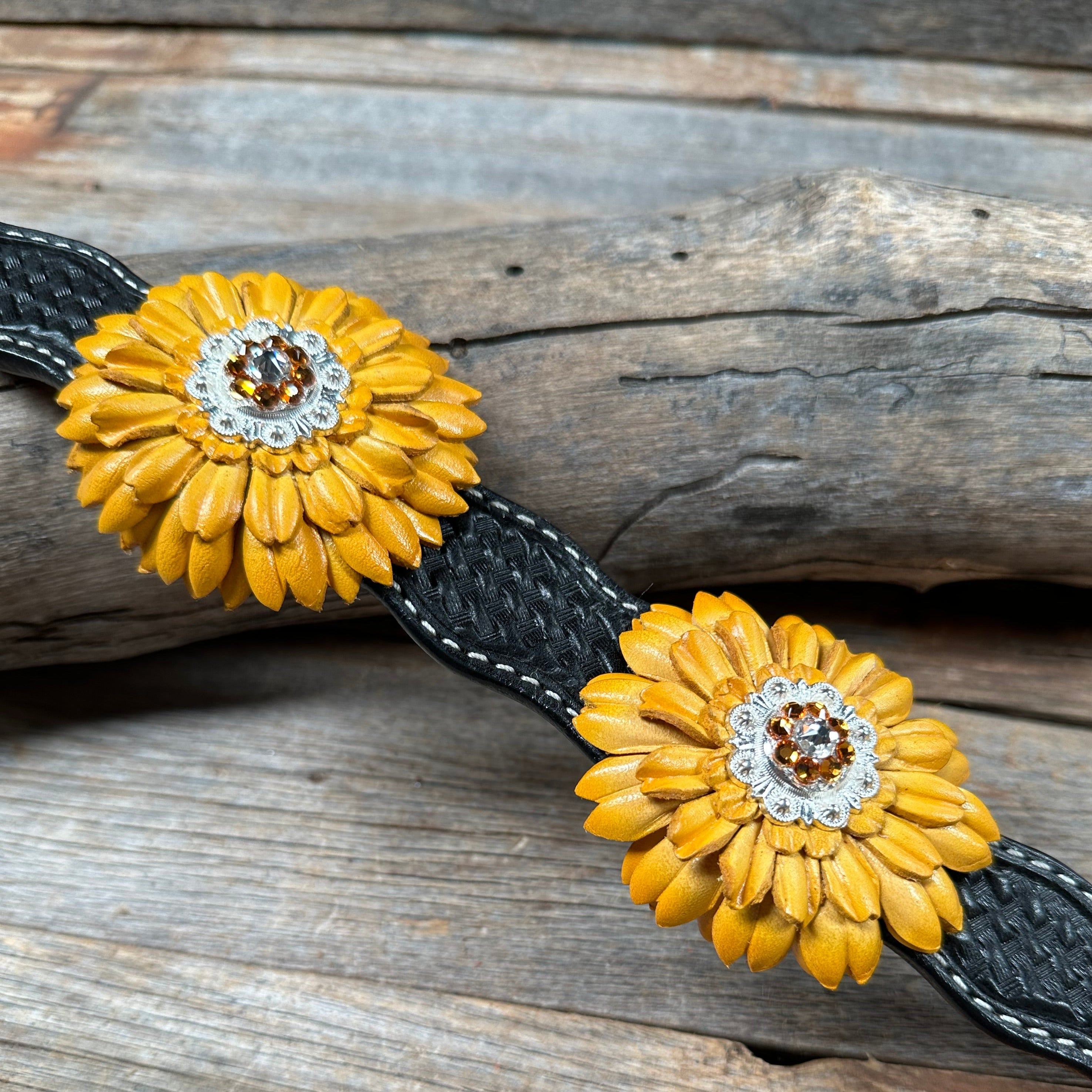 DC19 -Black Oil Leather Sunflower Dog Collar 18" to 28"