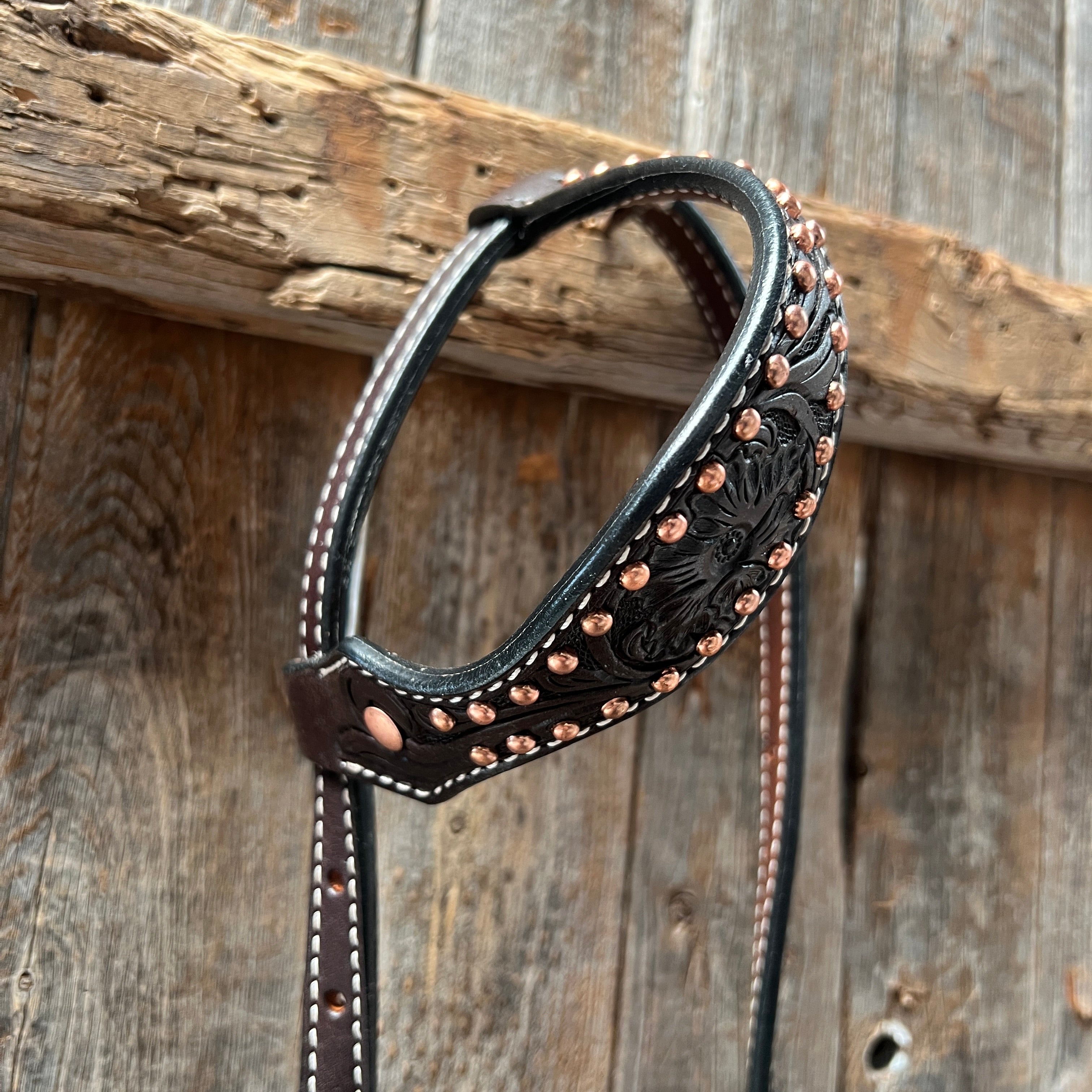 Dark Oil Floral Tooled with Copper Dots One Ear Headstall / Bridle