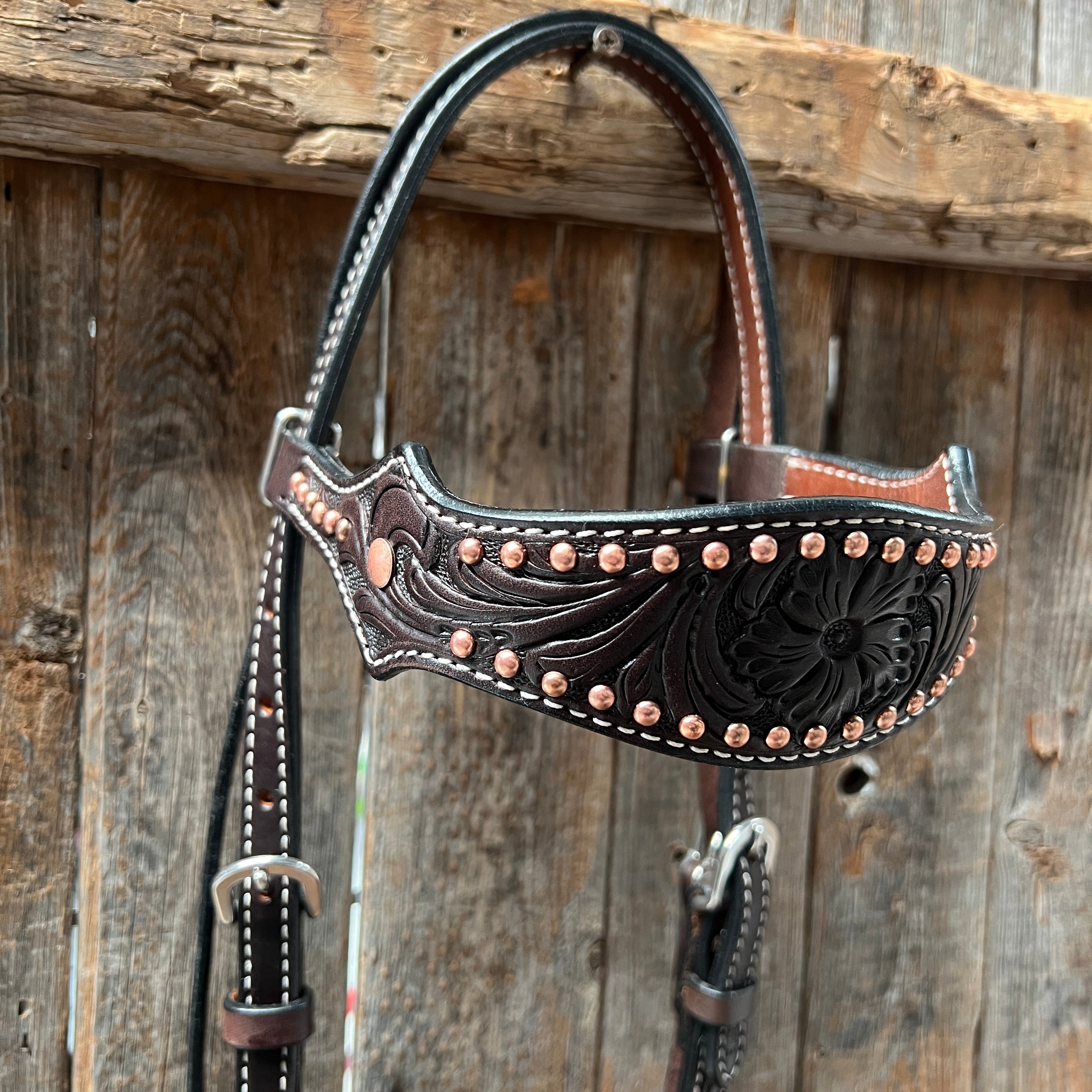 Dark Oil Floral Tooled with Copper Dots Browband Headstall / Bridle