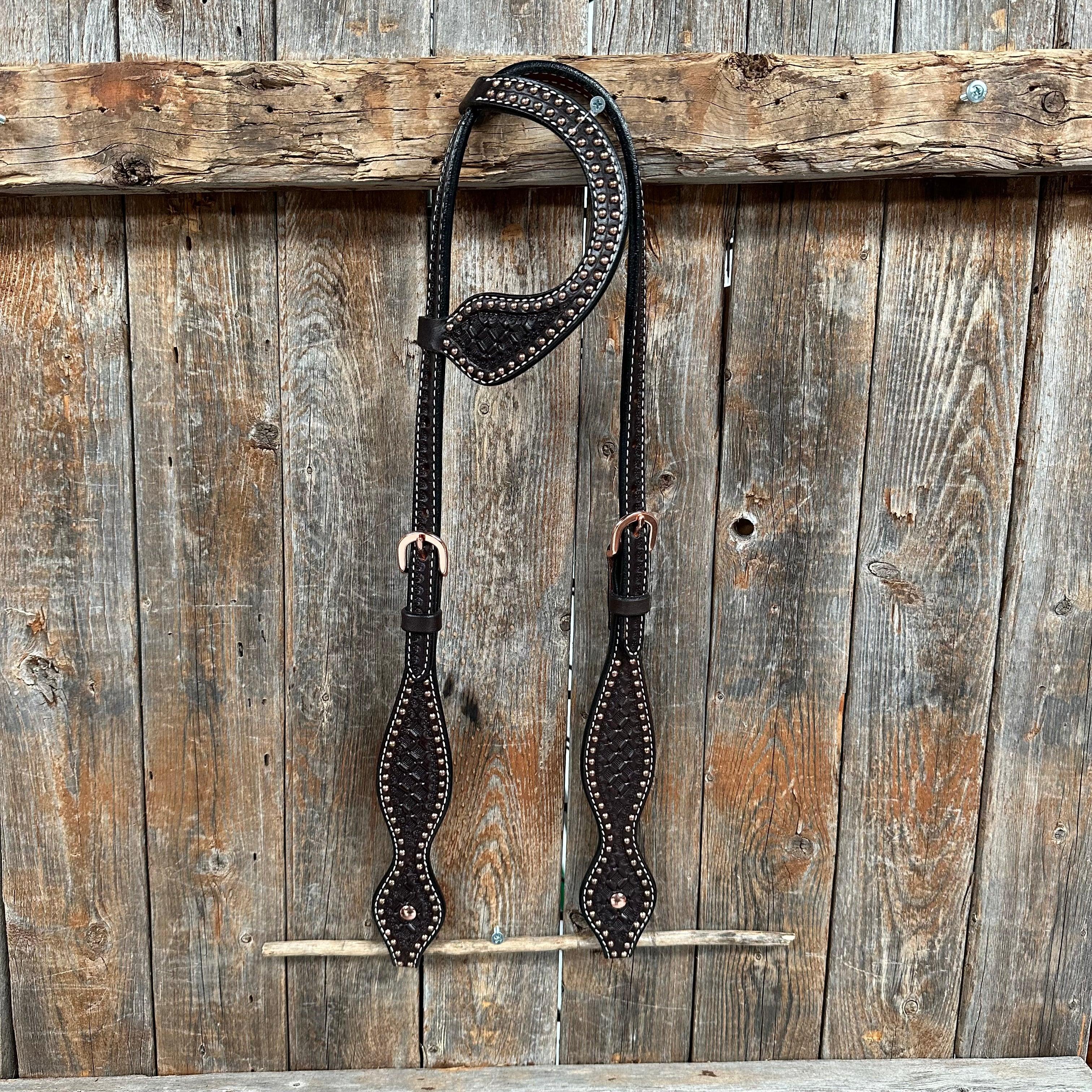 Dark Oil Honeycomb Tooled with Copper Dots One Ear Headstall / Bridle - RODEO DRIVE