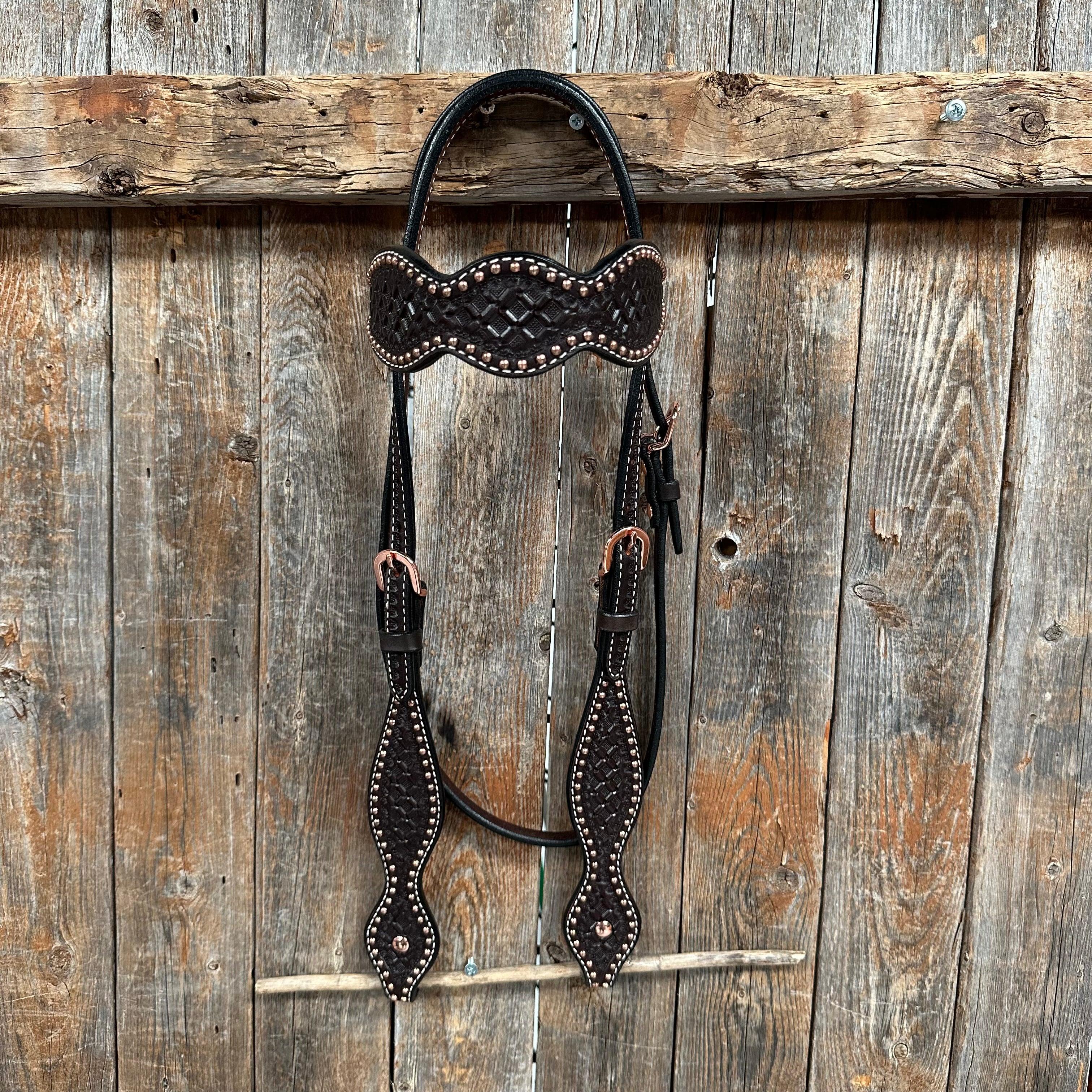 Dark Oil Honeycomb Tooled with Copper Dots Browband Headstall / Bridle - RODEO DRIVE