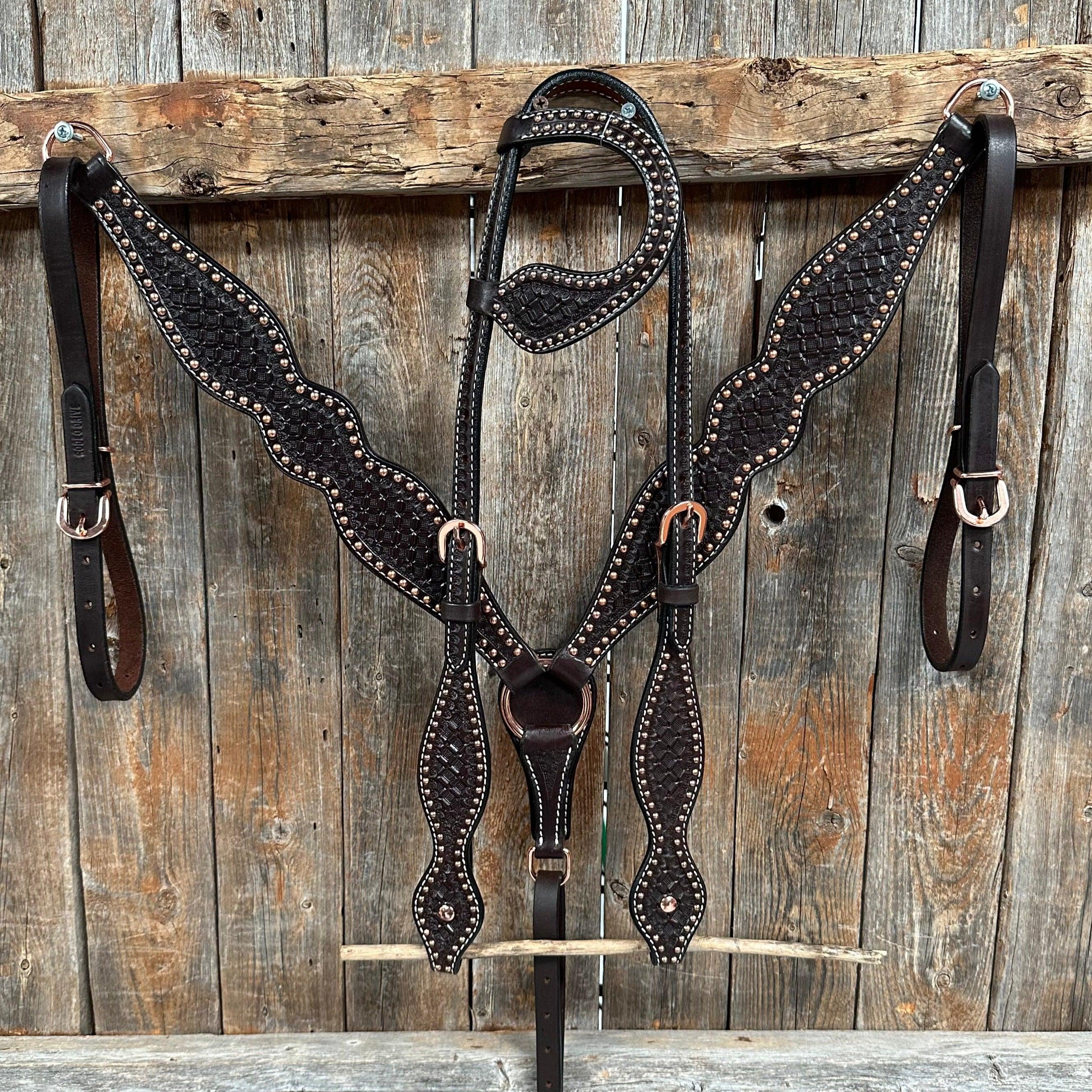 Dark Oil Honeycomb Tooled with Copper Dots Tack Sets - RODEO DRIVE