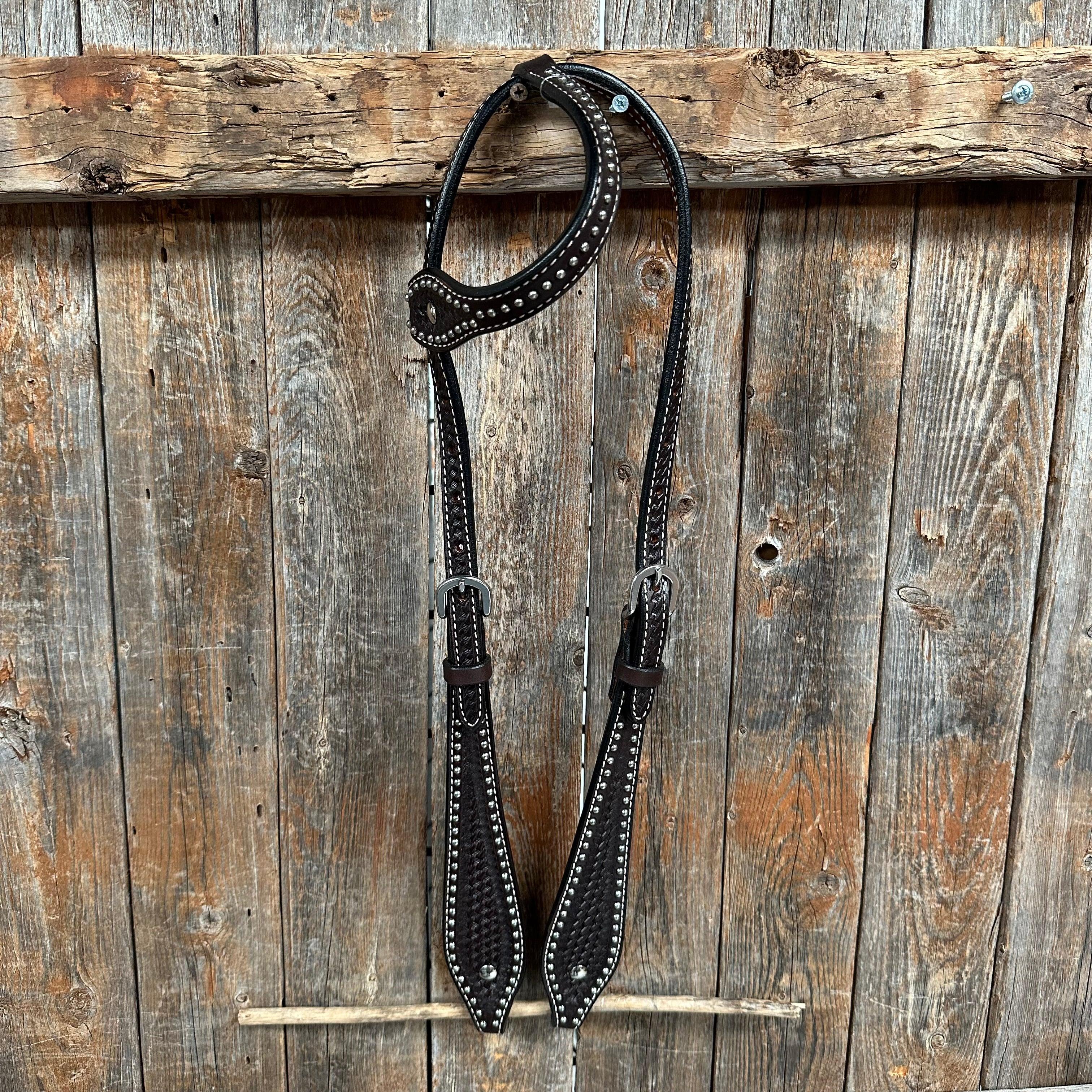 Dark Oil Basketweave with Silver Dots One Ear Headstall / Bridle - RODEO DRIVE