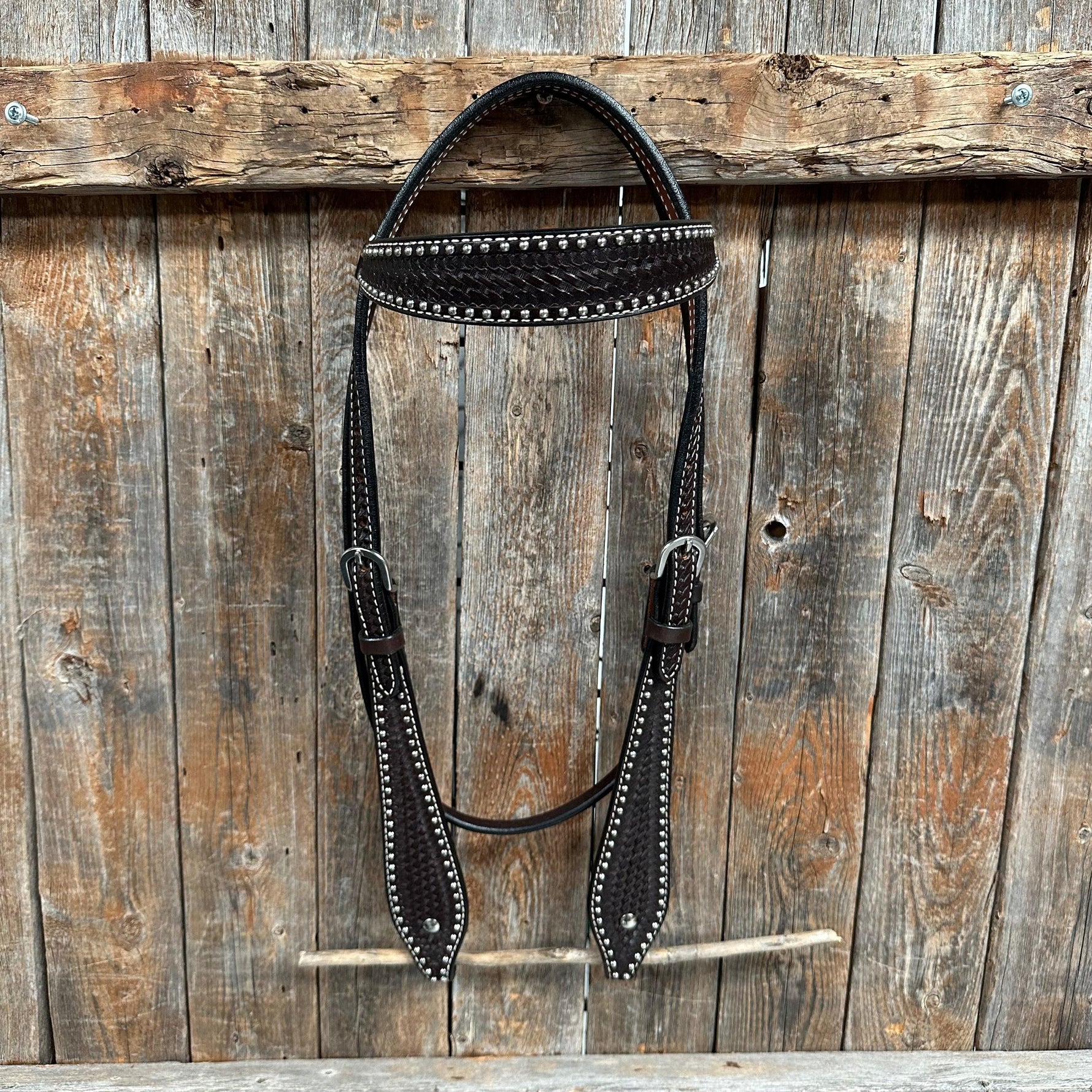 Dark Oil Basketweave with Silver Dots Browband Headstall / Bridle - RODEO DRIVE