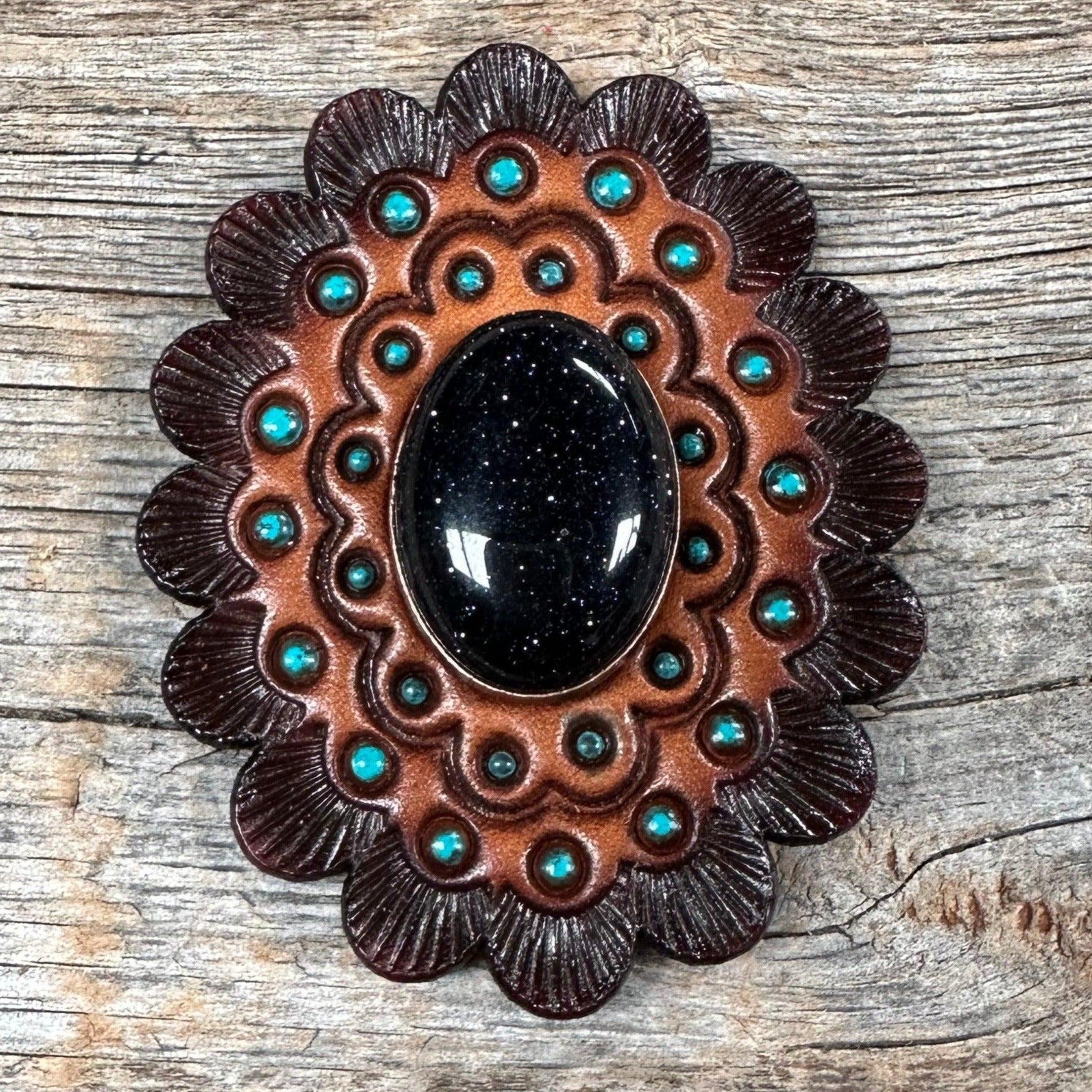 Leather Rosette Dark Oil Edges with Lapis Cabochon Western Concho R104CABLA - RODEO DRIVE