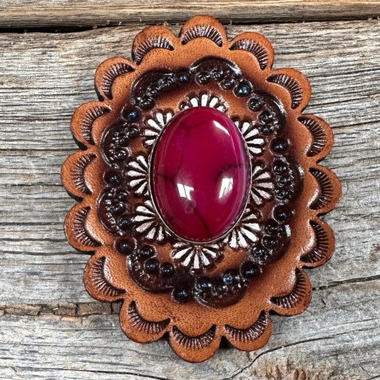 Leather Rosette with Fuchsia Cabochon Western Concho R102CABFU - RODEO DRIVE