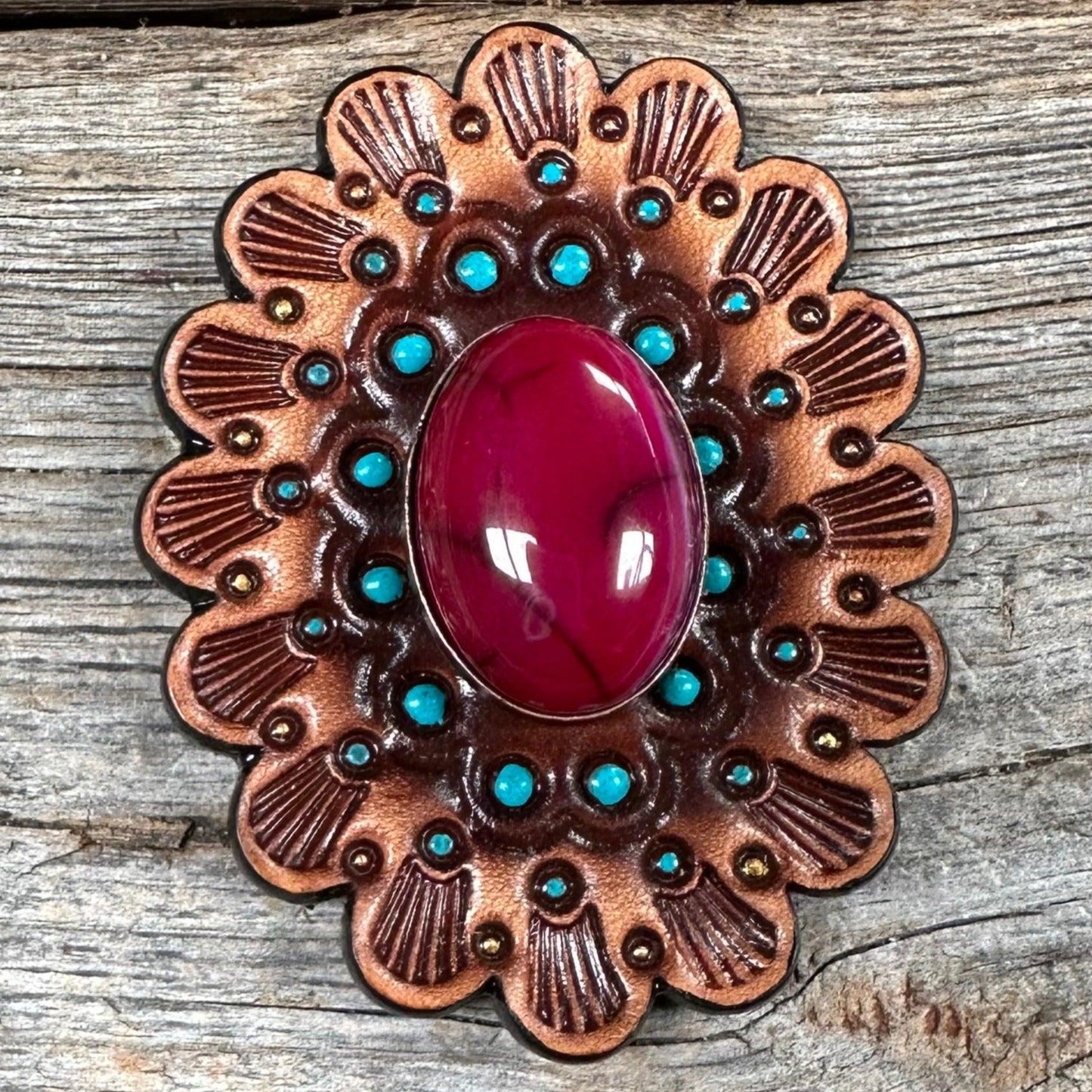 Leather Rosette Medium Oil Edges with Fuchsia Cabochon Western Concho R107CABFU - RODEO DRIVE