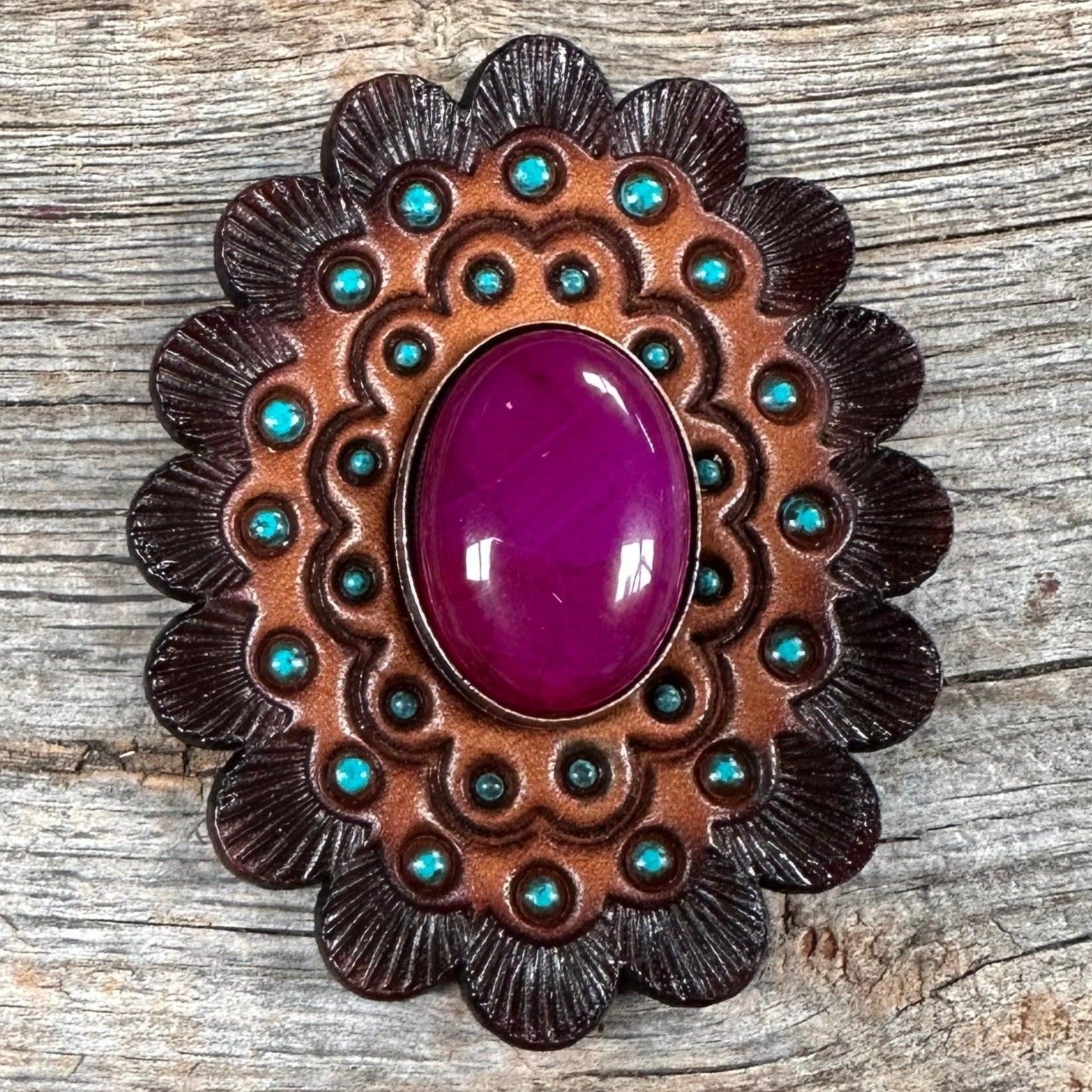 Leather Rosette Dark Oil Edges with Fuchsia Cabochon Western Concho R104CABFU - RODEO DRIVE