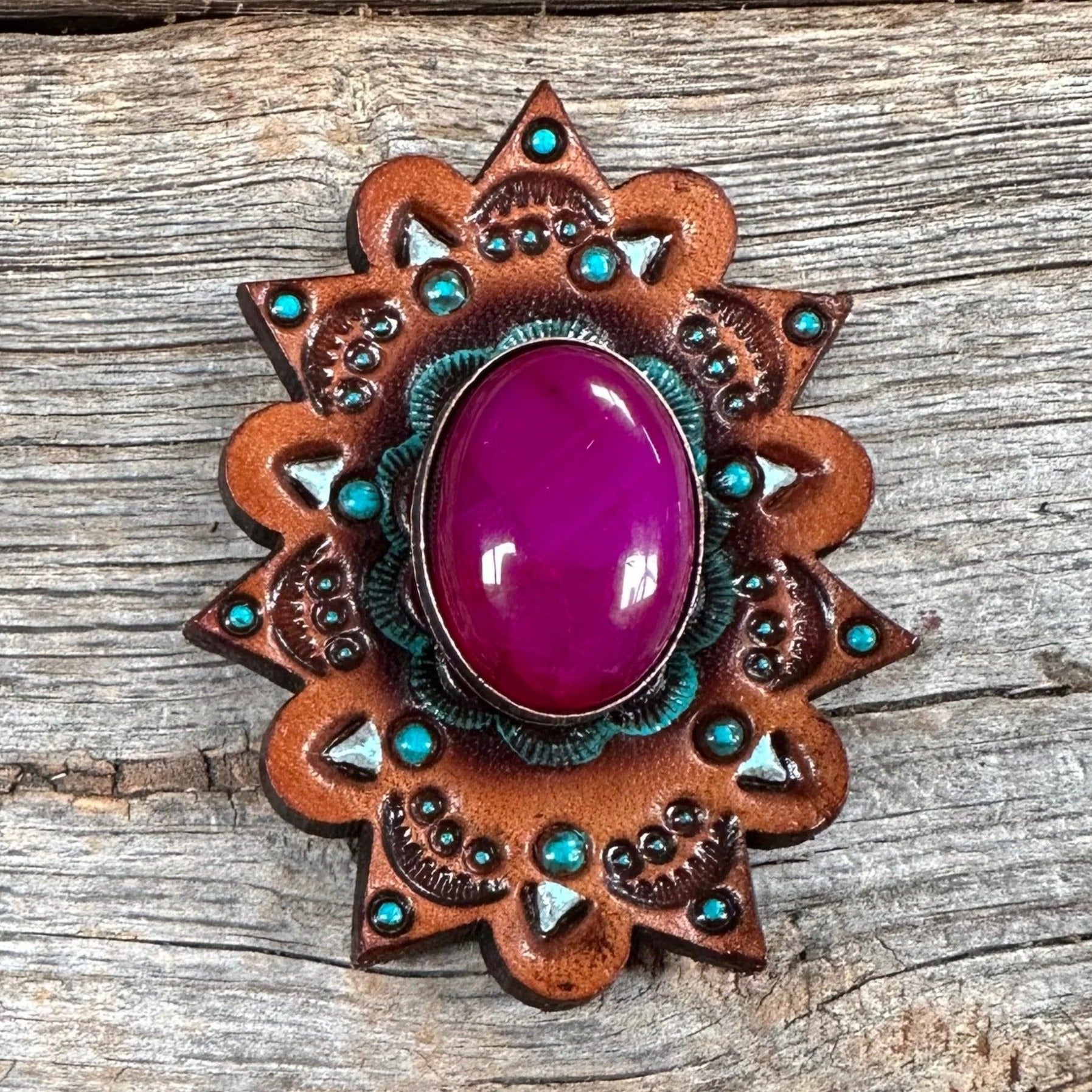 Leather Rosette Starburst - Fuchsia Cabochon Western Concho R110CABFU - RODEO DRIVE
