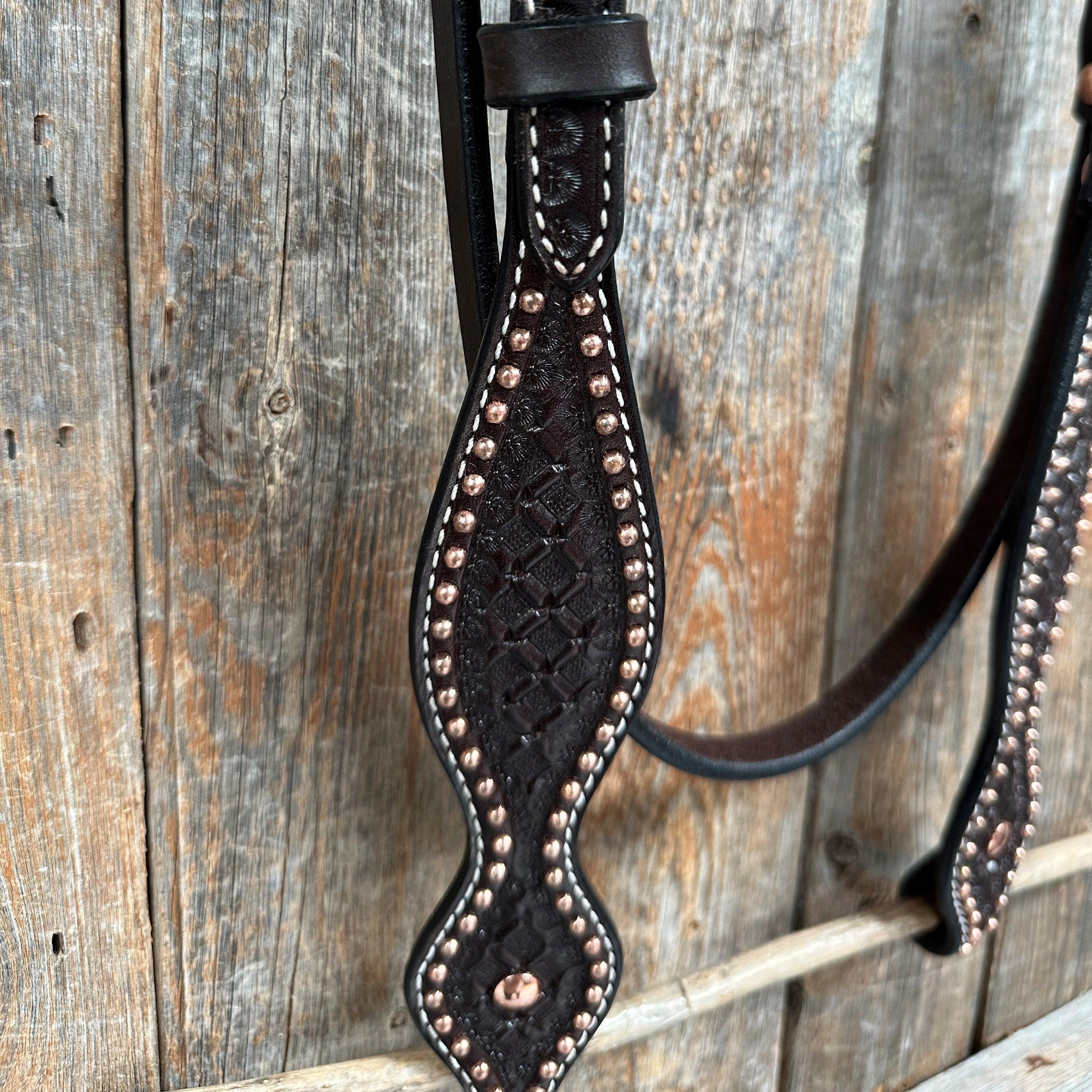 Dark Oil Honeycomb Tooled with Copper Dots Browband Headstall / Bridle - RODEO DRIVE