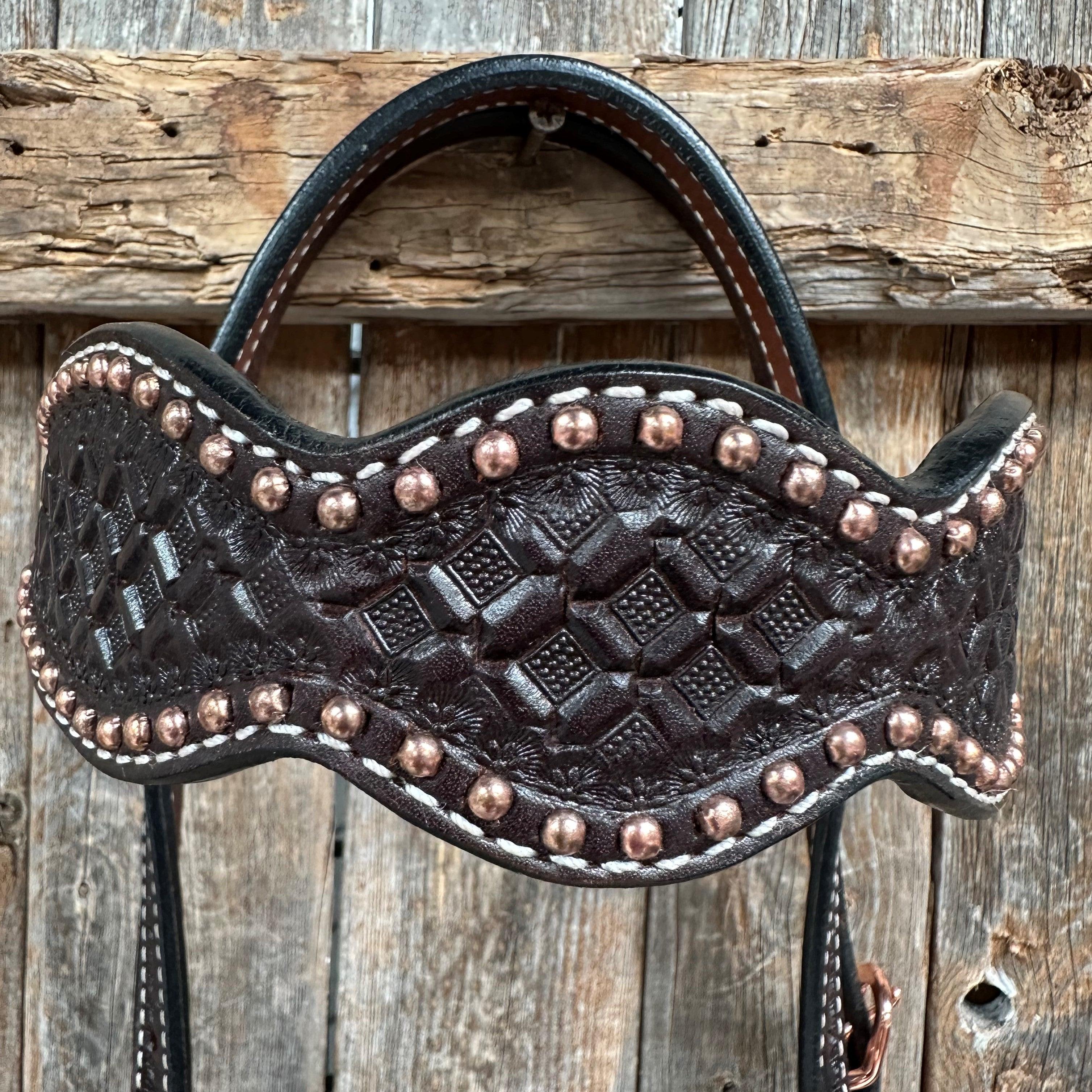 Dark Oil Honeycomb Tooled with Copper Dots Browband Headstall / Bridle - RODEO DRIVE
