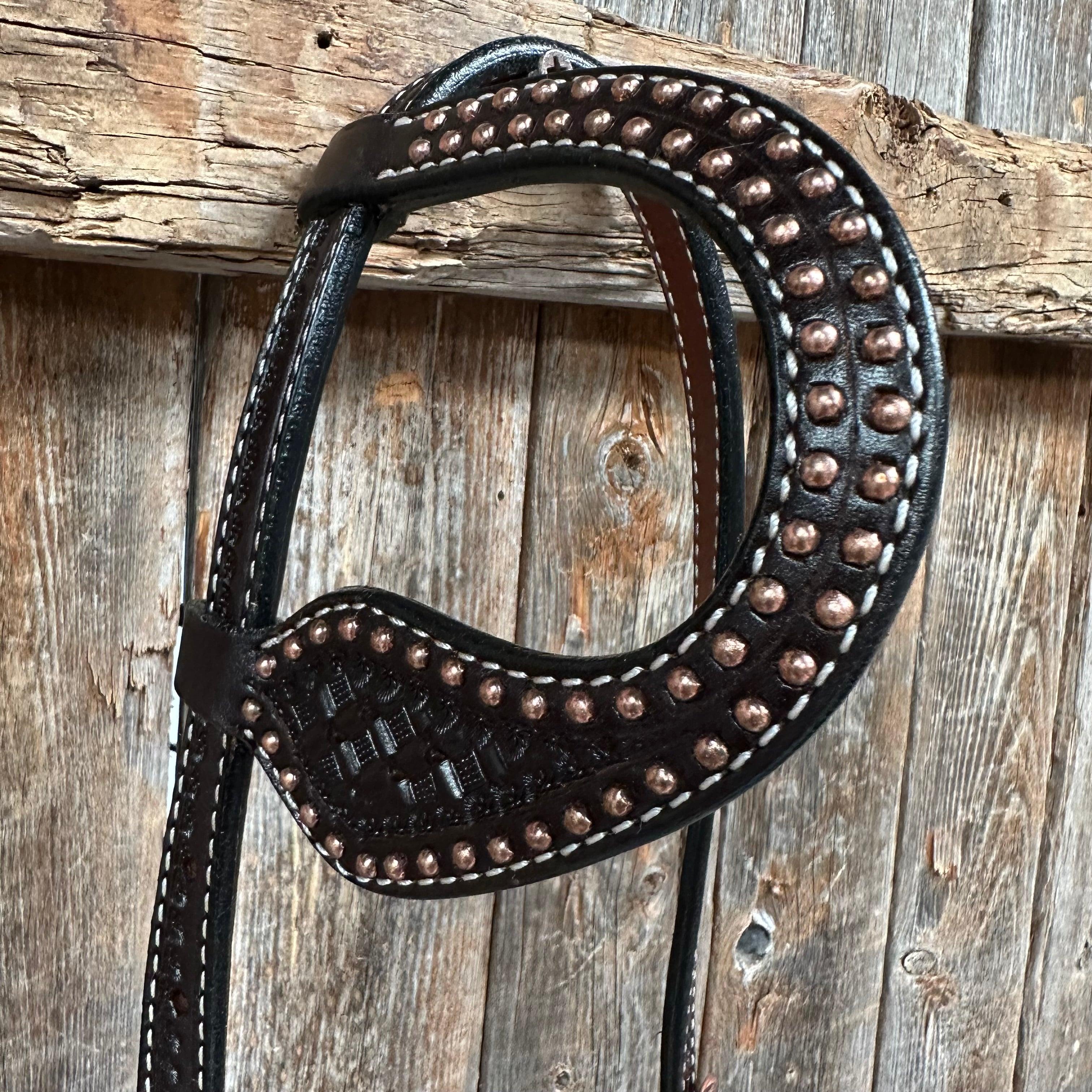 Dark Oil Honeycomb Tooled with Copper Dots One Ear Headstall / Bridle - RODEO DRIVE