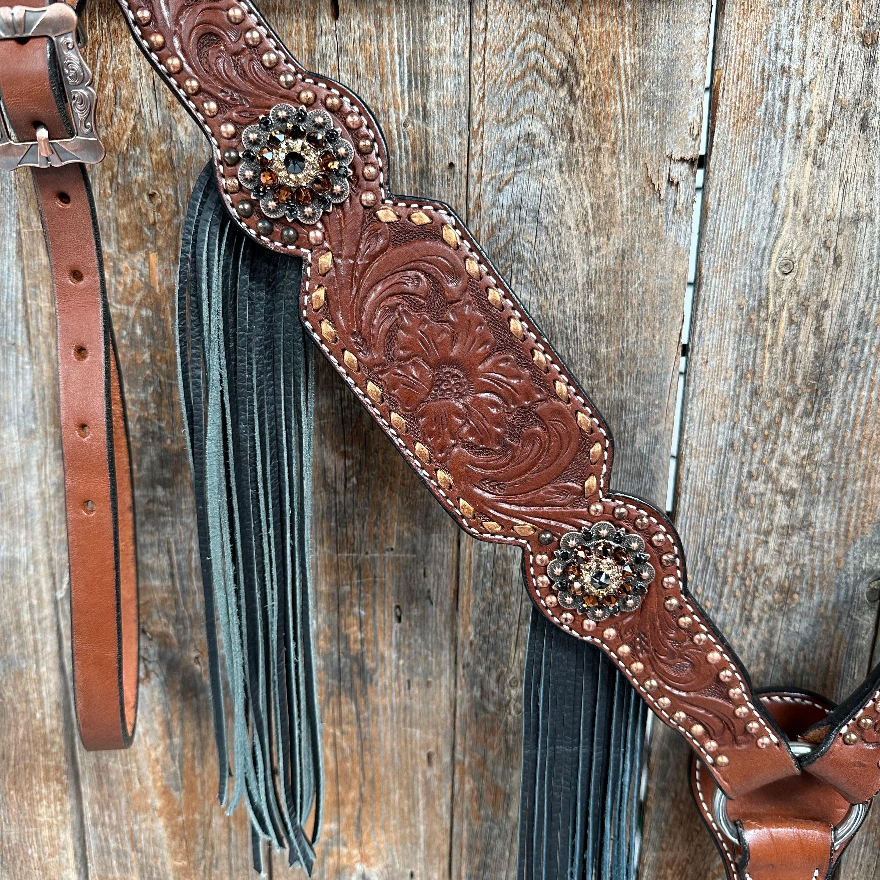 Copper Dot and Buckstitch Jet and Champagne Browband Tack Set #BBBC552 - RODEO DRIVE