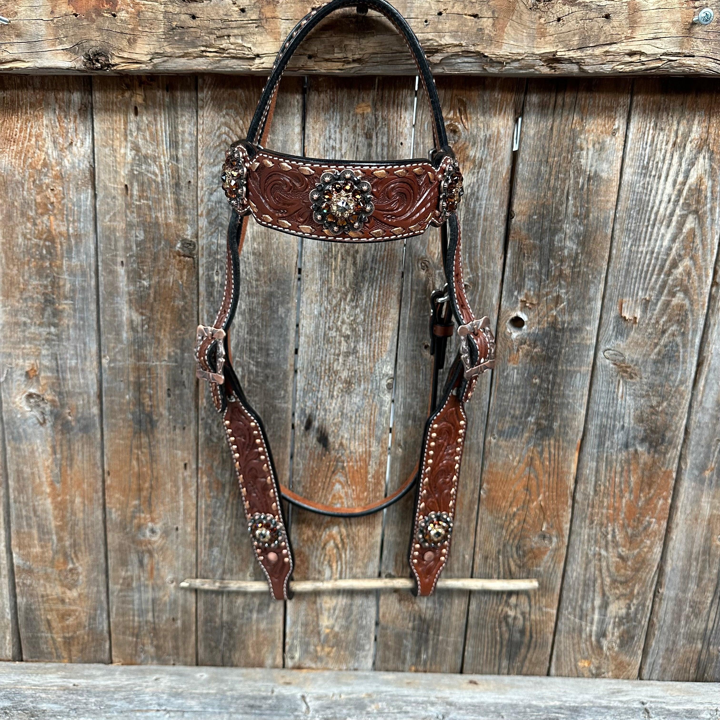 Copper Dot and Buckstitch Jet and Champagne Browband Tack Set #BBBC552 - RODEO DRIVE