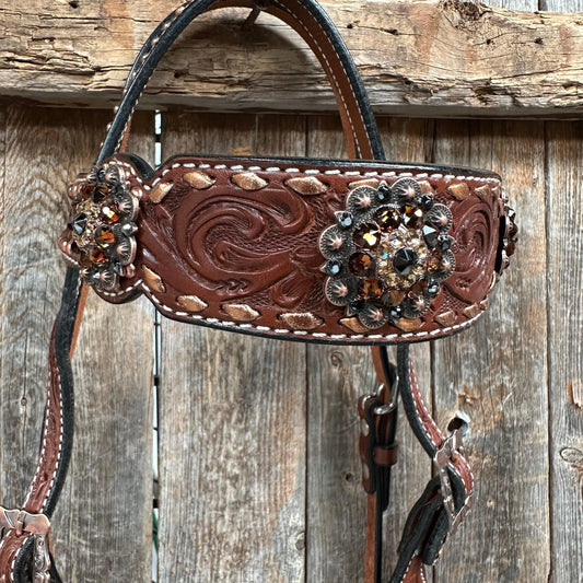 Copper Dot and Buckstitch Jet and Champagne Browband Tack Set #BBBC552 - RODEO DRIVE