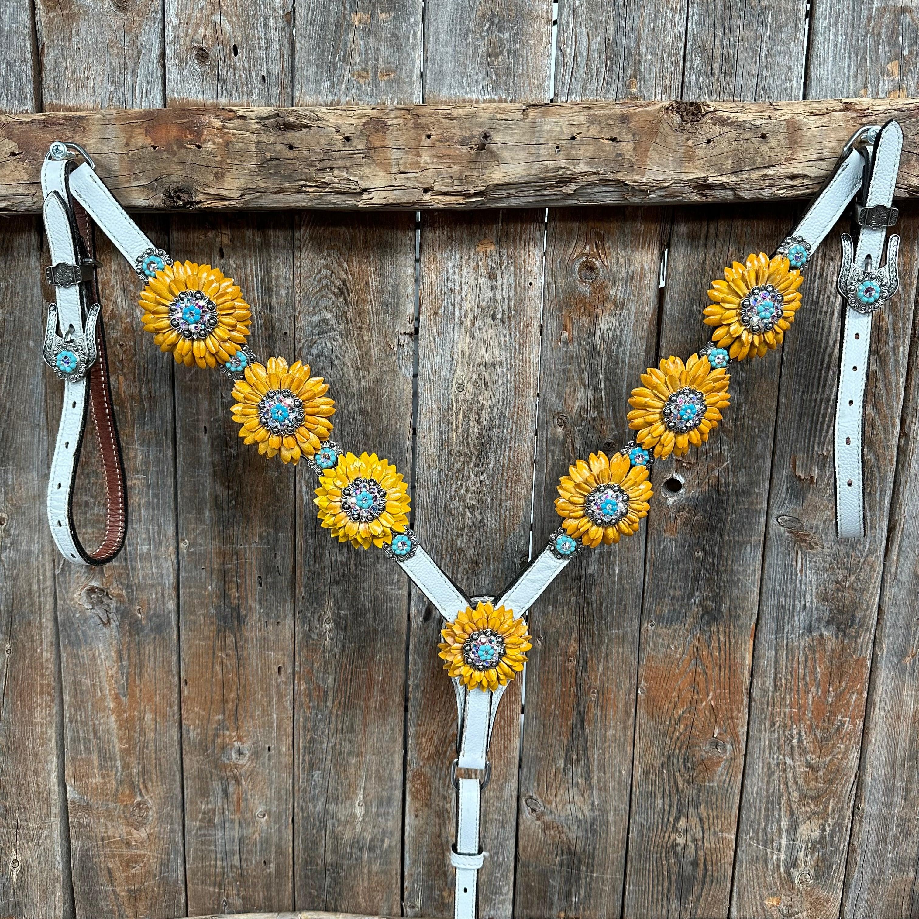 White Leather Turquoise Sunflower One Ear/ Breastcollar #OEBC551 - RODEO DRIVE