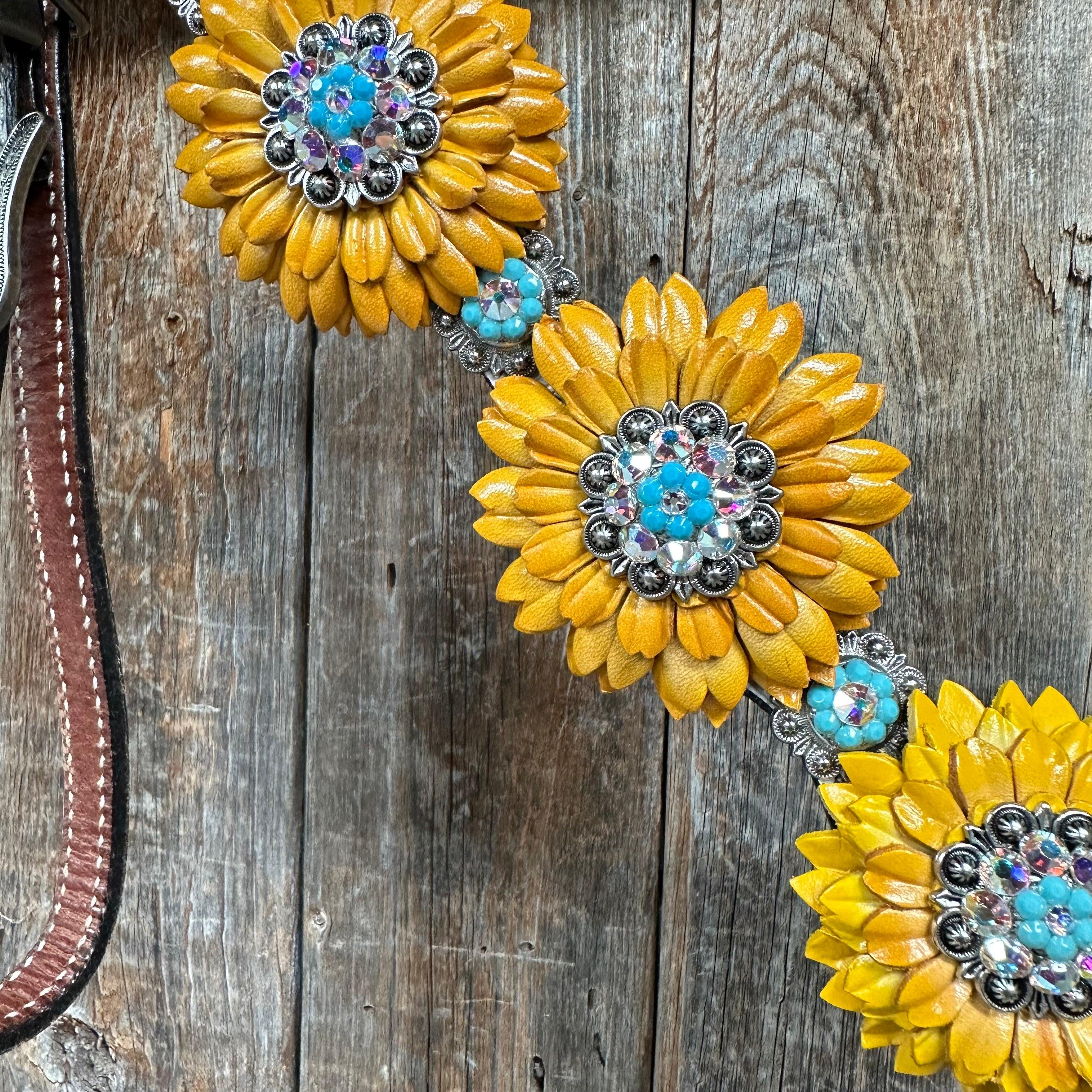 White Leather Turquoise Sunflower One Ear/ Breastcollar #OEBC551 - RODEO DRIVE