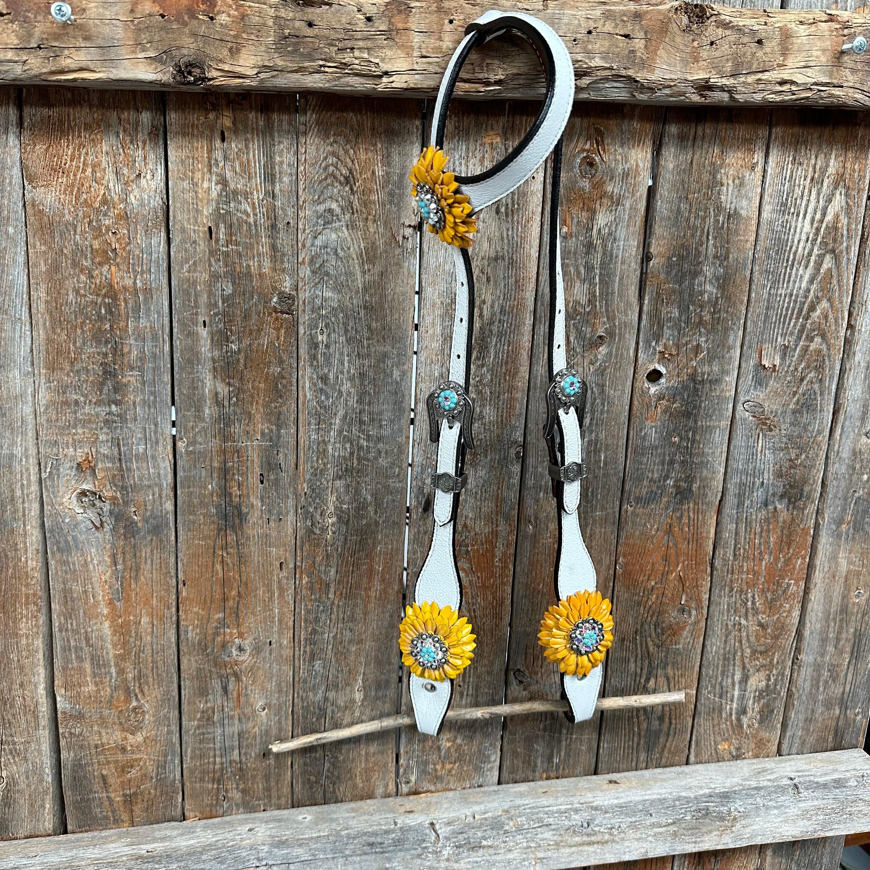 White Leather Turquoise Sunflower One Ear/ Breastcollar #OEBC551 - RODEO DRIVE