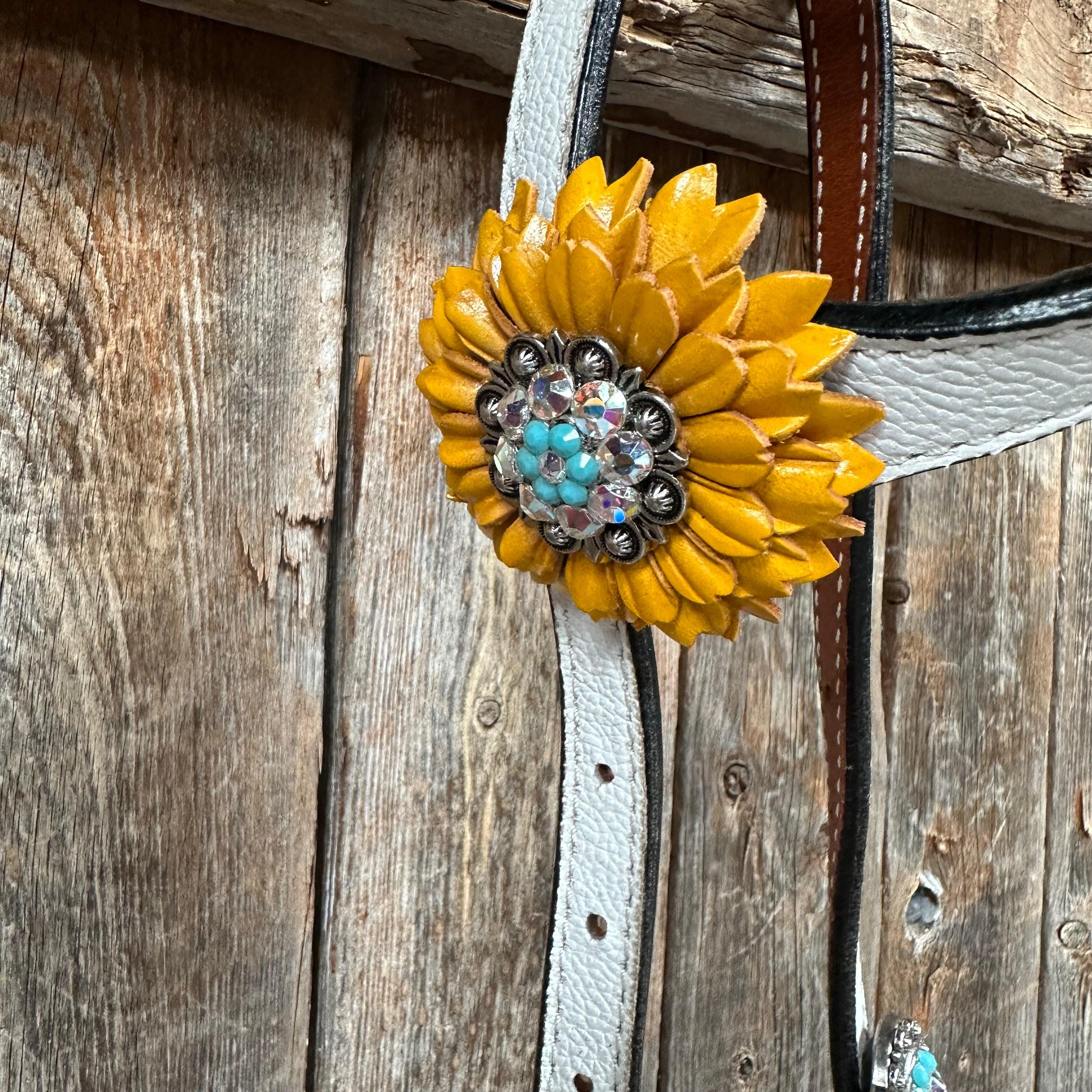 White Leather Turquoise Sunflower One Ear/ Breastcollar #OEBC551 - RODEO DRIVE