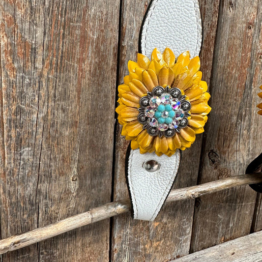 White Leather Turquoise Sunflower One Ear/ Breastcollar #OEBC551 - RODEO DRIVE