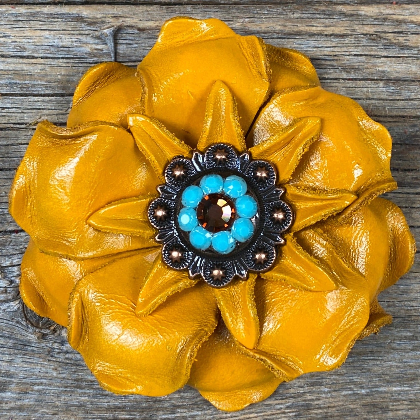 Yellow Gardenia Leather Flowers - 1" Crystal Conchos - Options