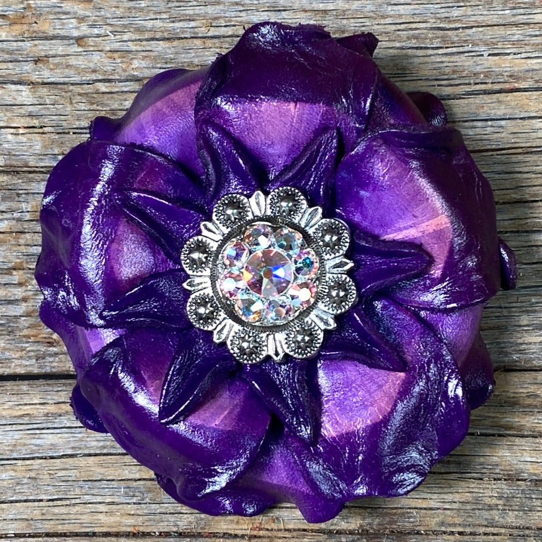 Purple Gardenia Leather Flowers - 1" Crystal Conchos - Options