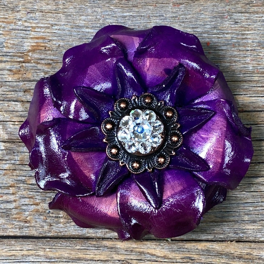 Purple Gardenia Leather Flowers - 1" Crystal Conchos - Options