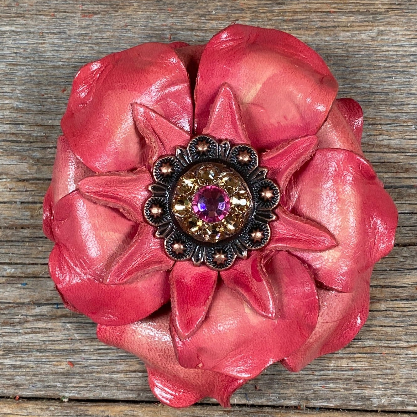 Pink Gardenia Leather Flowers - 1" Crystal Conchos - Options