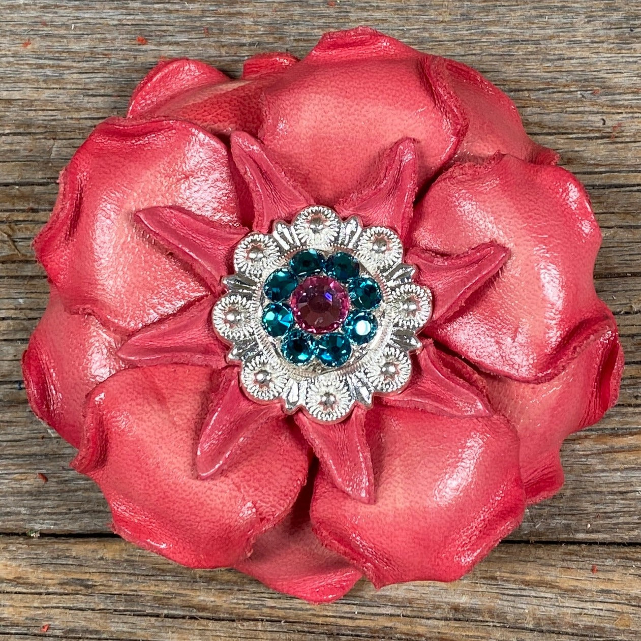 Pink Gardenia Leather Flowers - 1" Crystal Conchos - Options