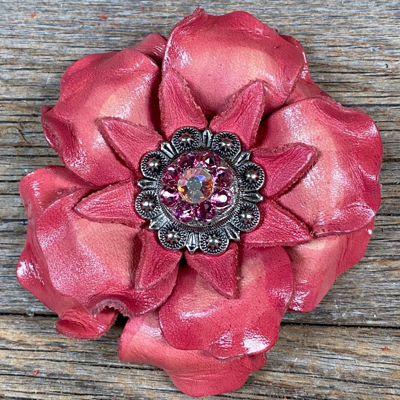 Pink Gardenia Leather Flowers - 1" Crystal Conchos - Options