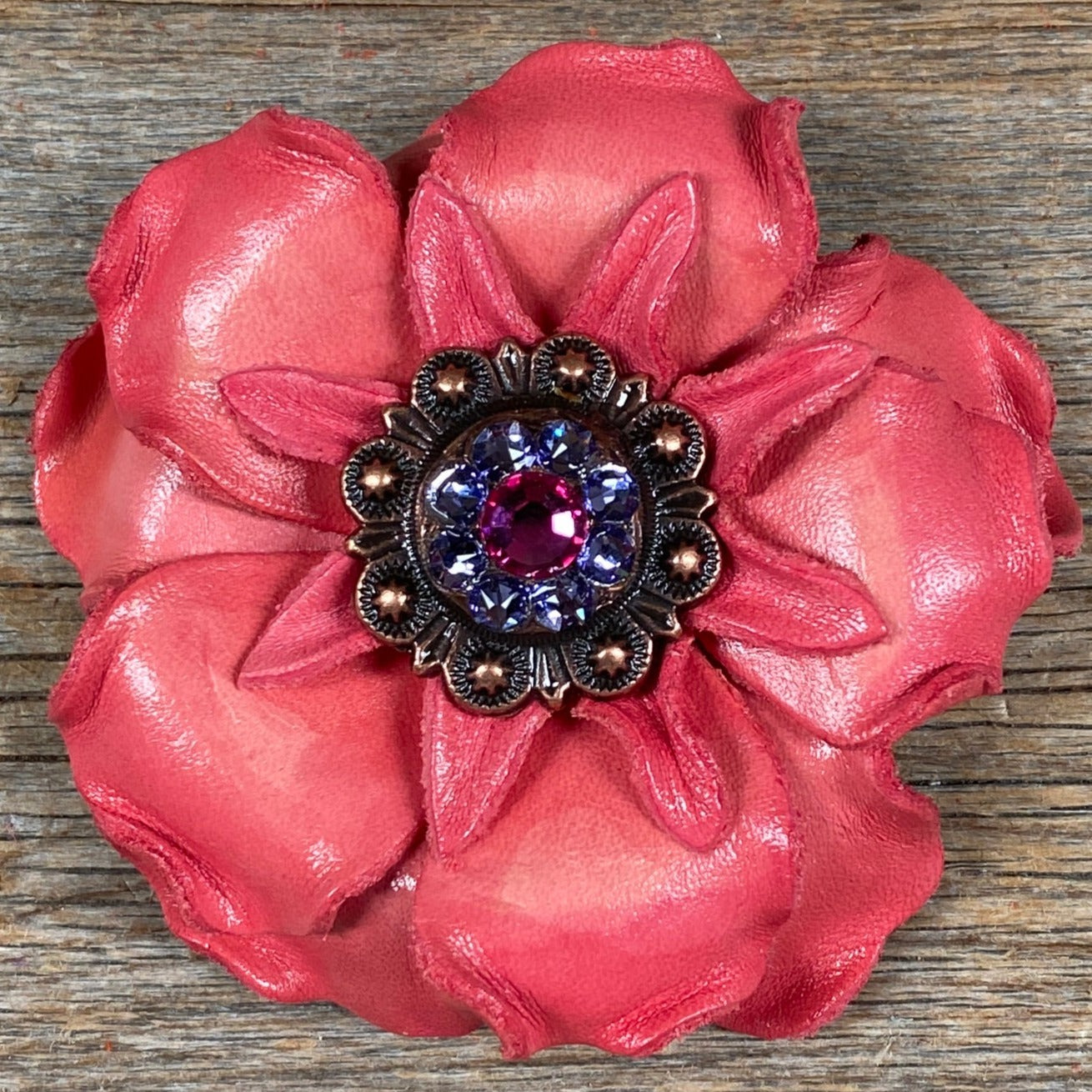 Pink Gardenia Leather Flowers - 1" Crystal Conchos - Options