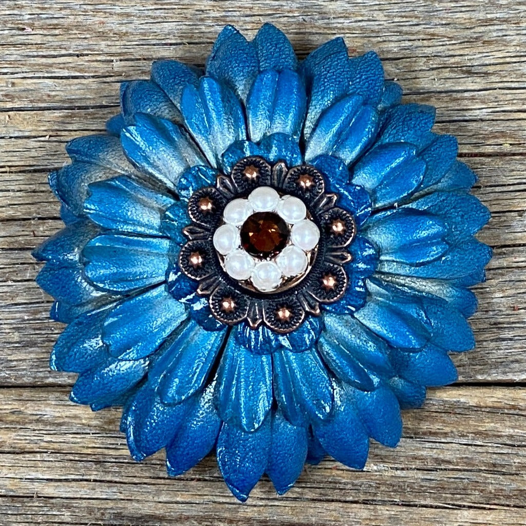 Turquoise Daisy Flower With Copper Topaz & Pearl 1" Concho