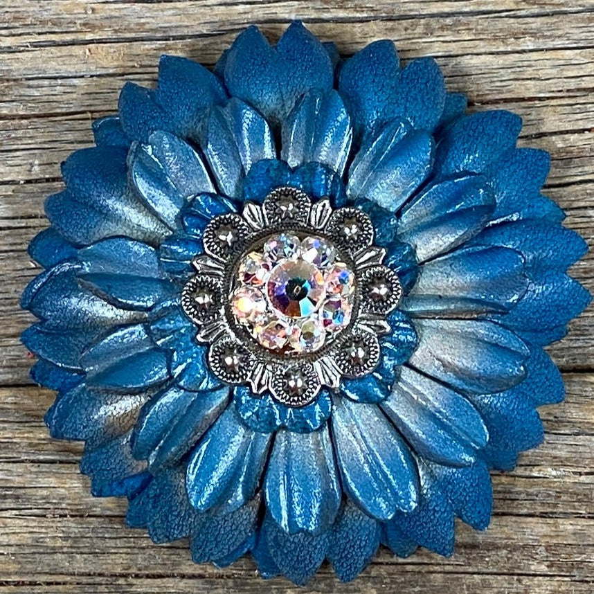 Turquoise Daisy Flower With Antique Silver AB 1" Concho