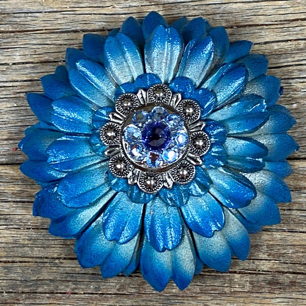 Turquoise Daisy Leather Flowers - 1" Crystal Conchos - Options