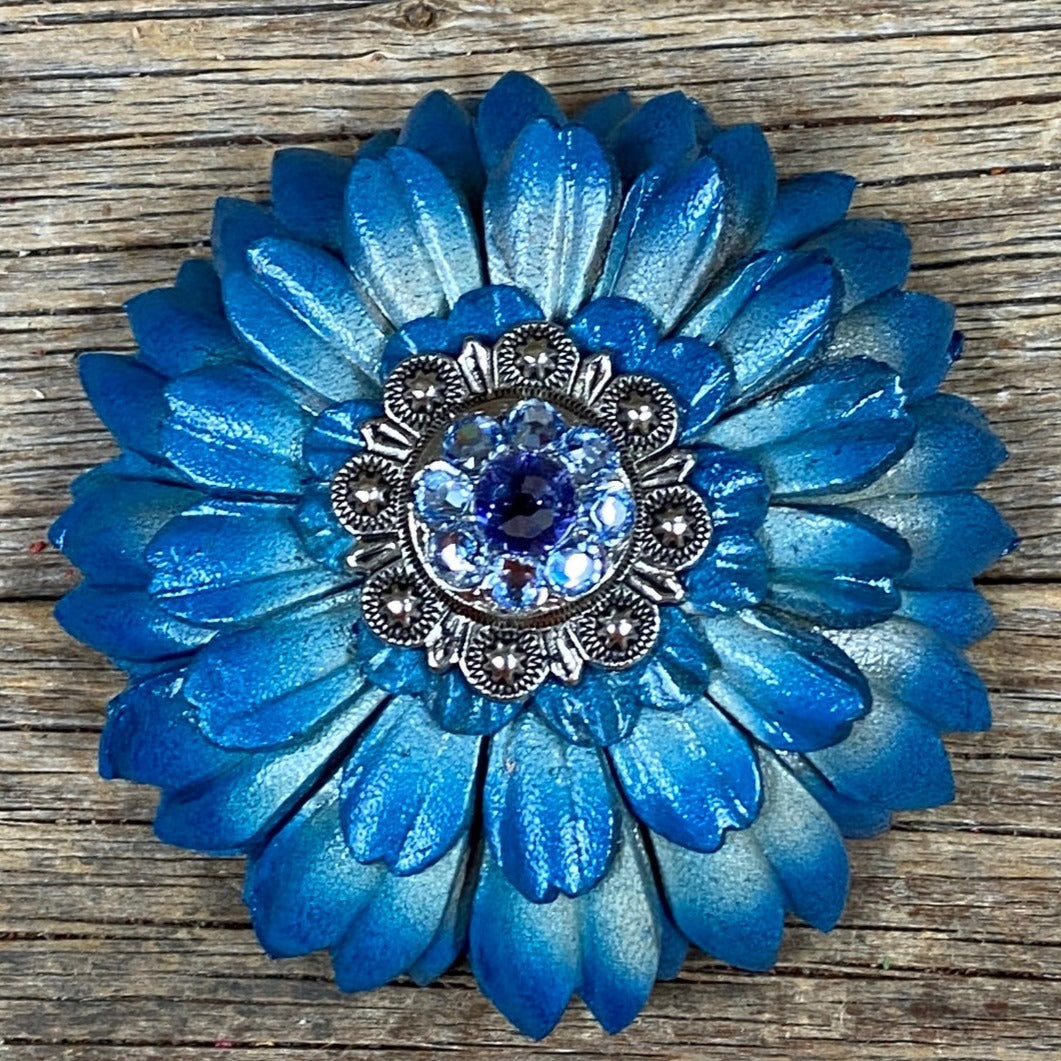 Turquoise Daisy Flower With Antique Silver Light Sapphire, Lilac 1" Concho